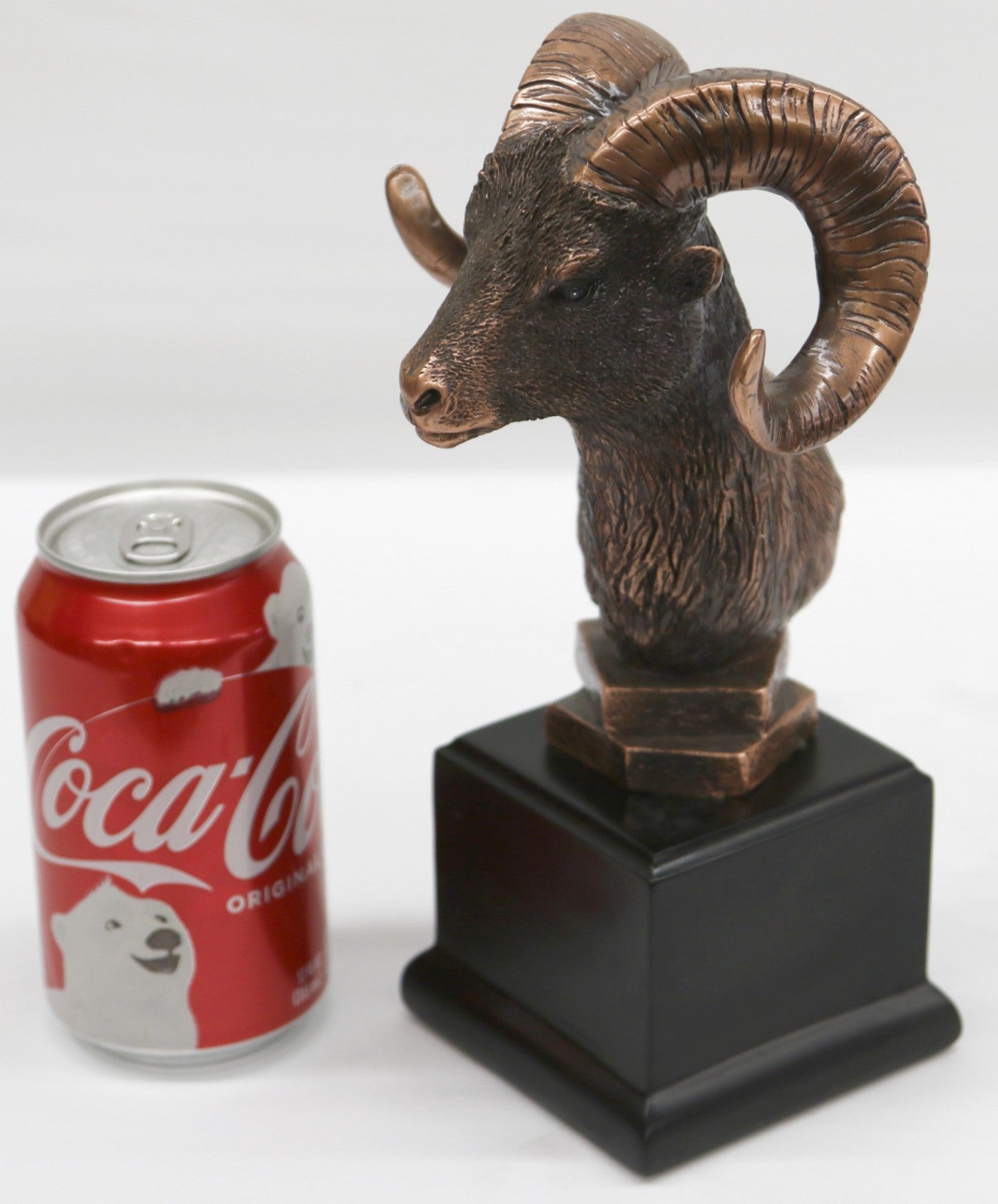 10" Bronze Resin Ram Goat Head w/ Horns - Pedestal Statue Bust Black Stand