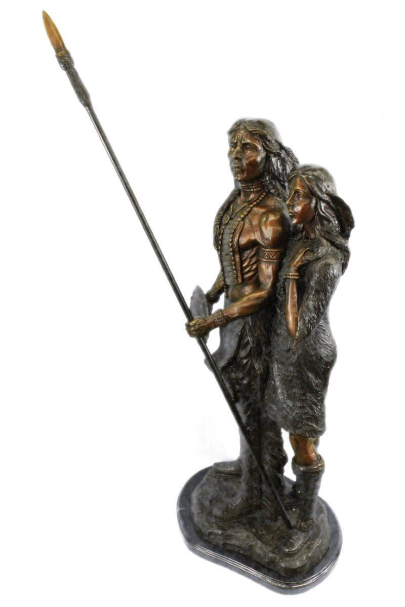 100% Solid Bronze Indian Male and Female Warrior with Spear Bronze Sculpture