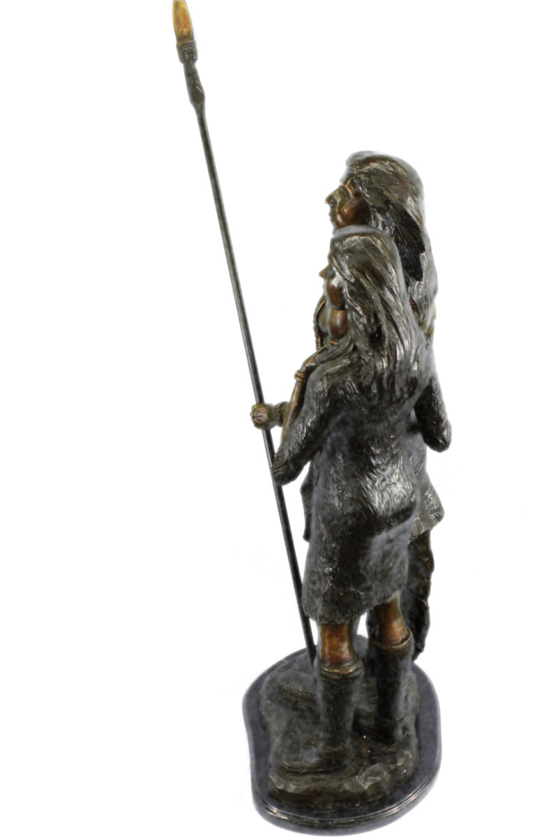 100% Solid Bronze Indian Male and Female Warrior with Spear Bronze Sculpture