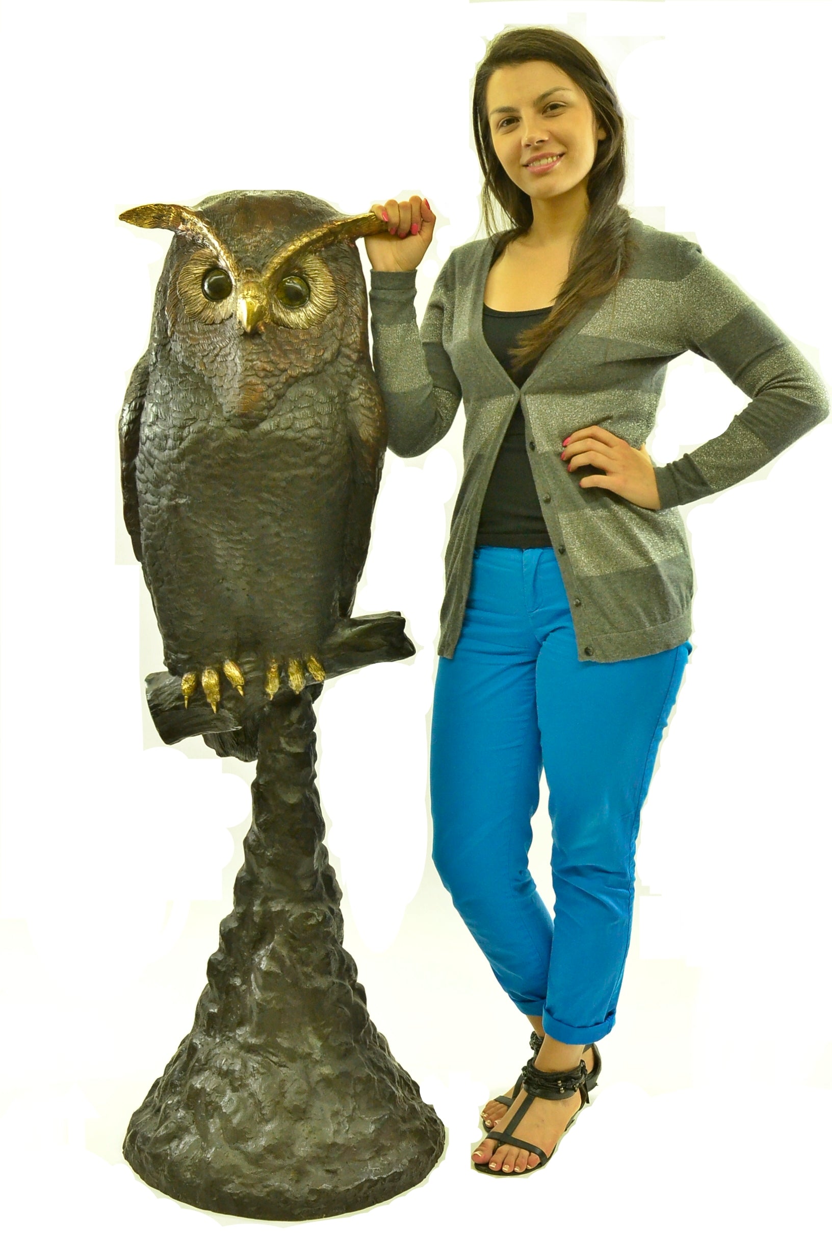 55"H Owl Lost Wax Bronze Sculpture by Nardini Extra Large Size Figurine Figure
