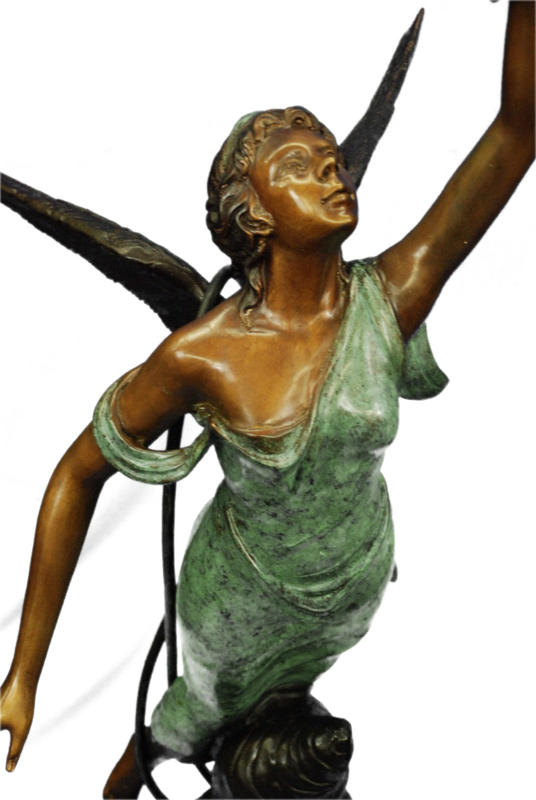 Bronze Art Deco Semi-Nude Angel Statue atop Marble Steps Night Light Lamp Pair 2