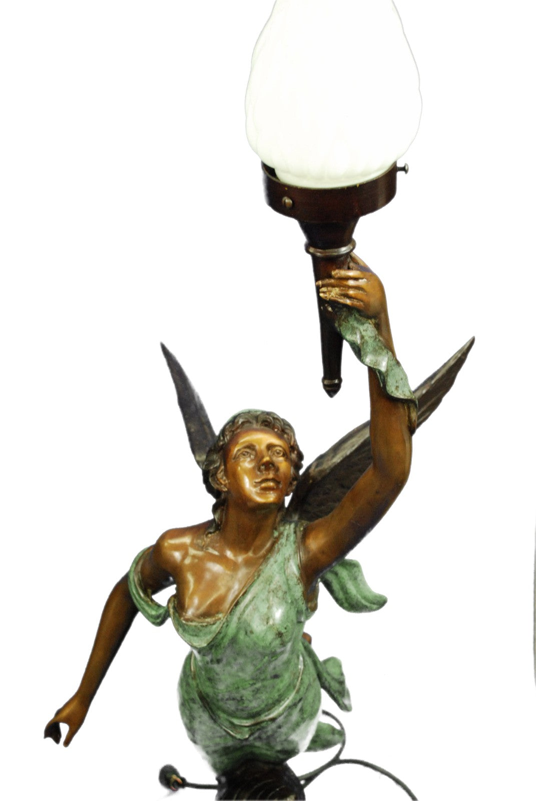 Bronze Art Deco Semi-Nude Angel Statue atop Marble Steps Night Light Lamp Pair 2