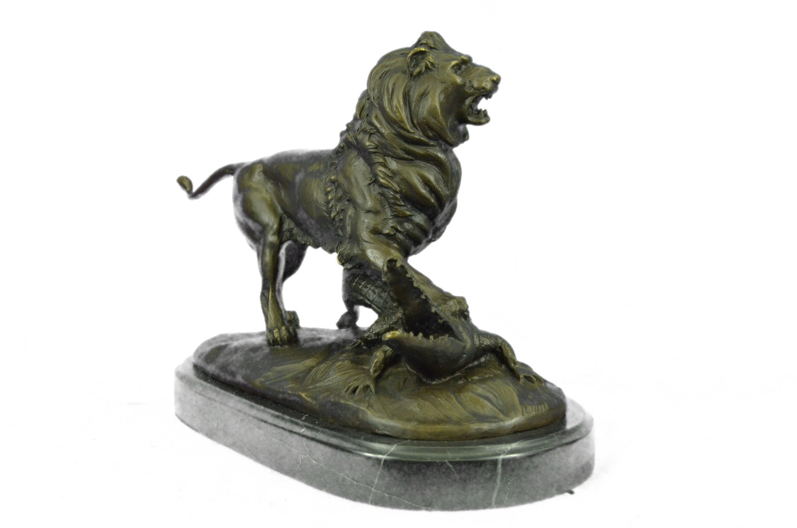 Bronze Sculpture Hand Made Hot Cast Detailed Lion Vs Reptile Marble Figure