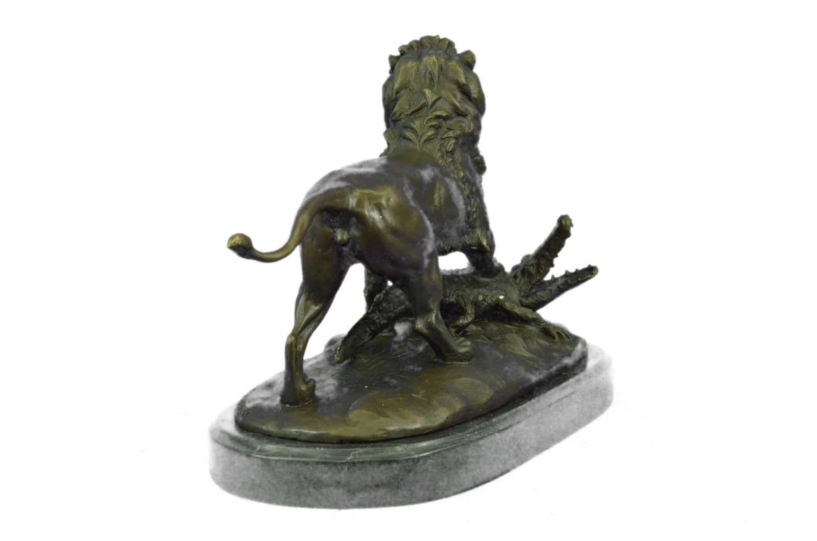 Bronze Sculpture Hand Made Hot Cast Detailed Lion Vs Reptile Marble Figure