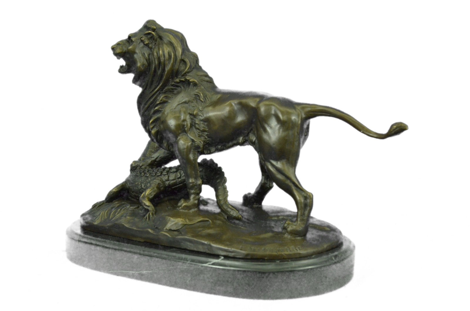 Bronze Sculpture Hand Made Hot Cast Detailed Lion Vs Reptile Marble Figure