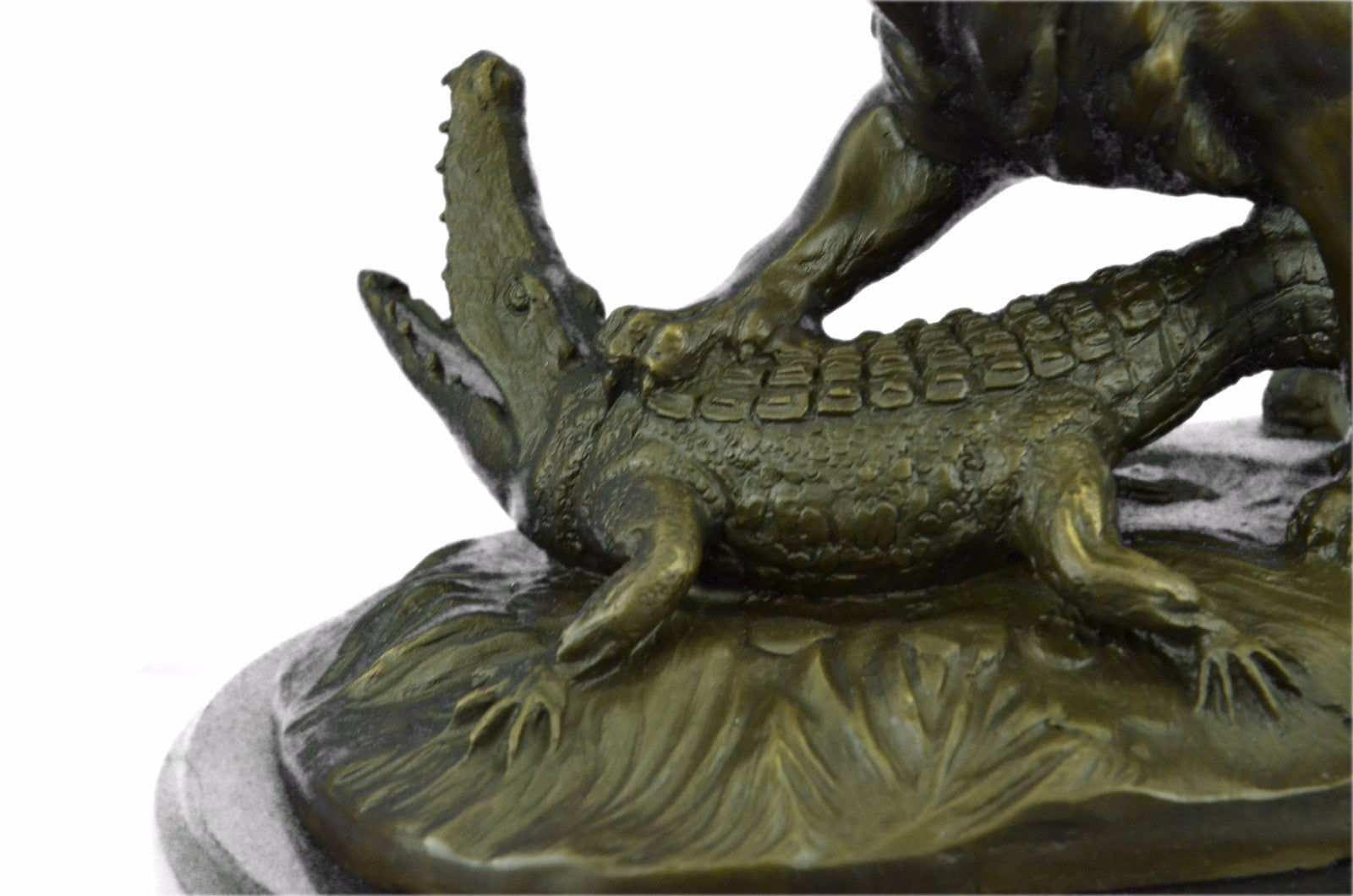 Bronze Sculpture Hand Made Hot Cast Detailed Lion Vs Reptile Marble Figure