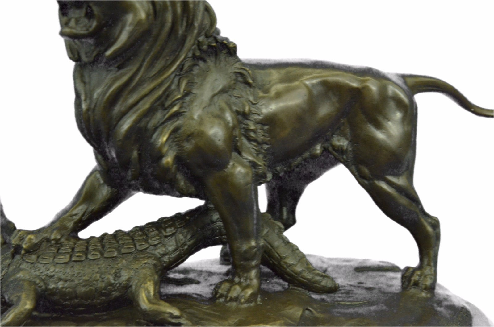 Bronze Sculpture Hand Made Hot Cast Detailed Lion Vs Reptile Marble Figure