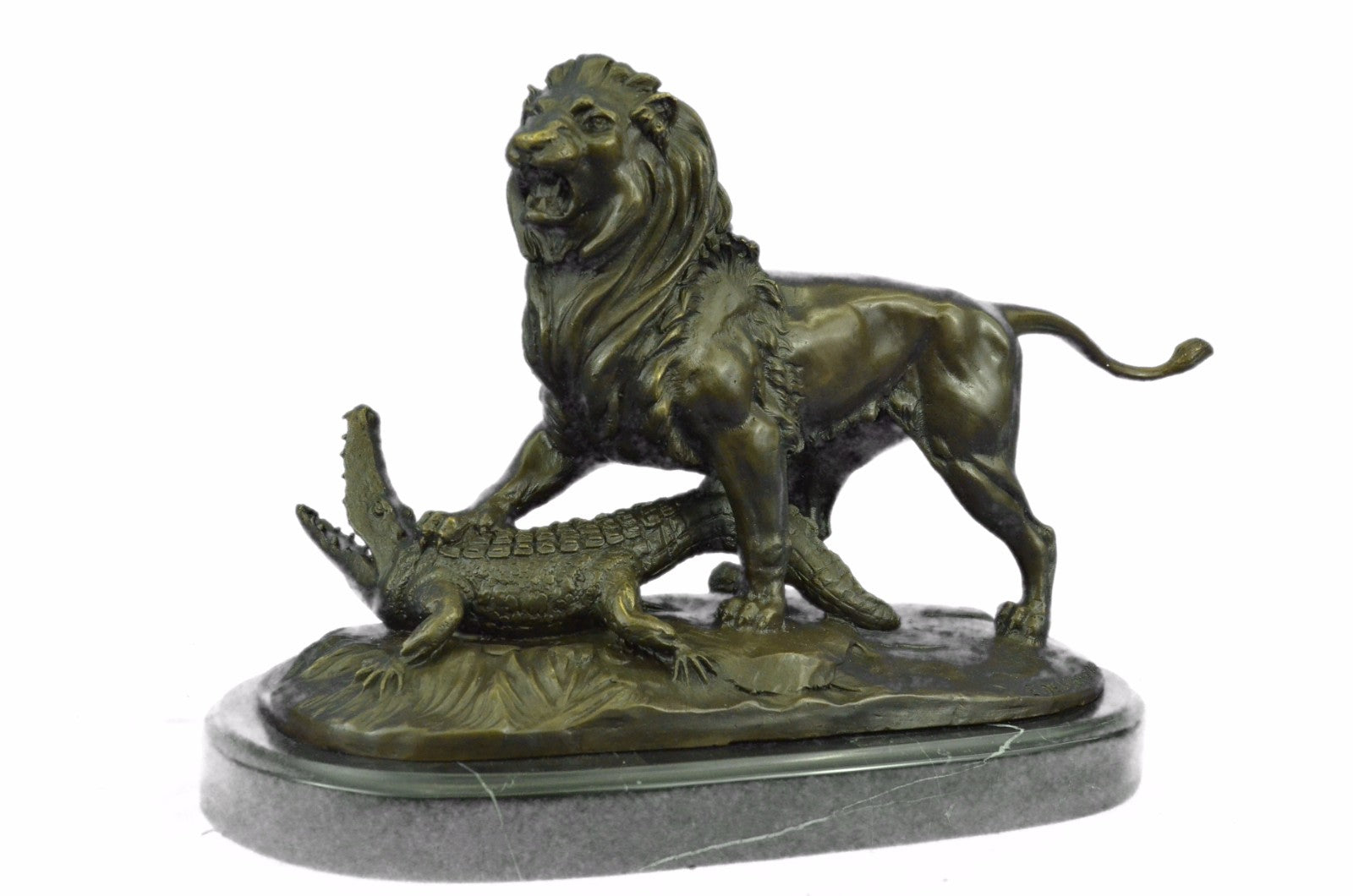 Bronze Sculpture Hand Made Hot Cast Detailed Lion Vs Reptile Marble Figure