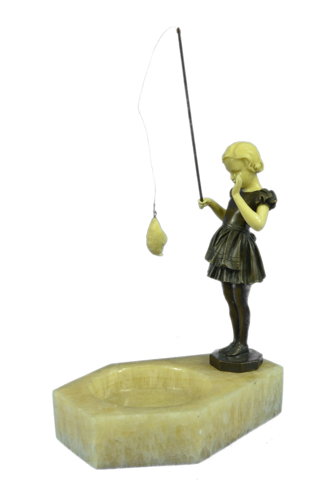Bronze Marble Figural Ashtray Art Deco Nouveau Naughty Girl Fishing Figurine