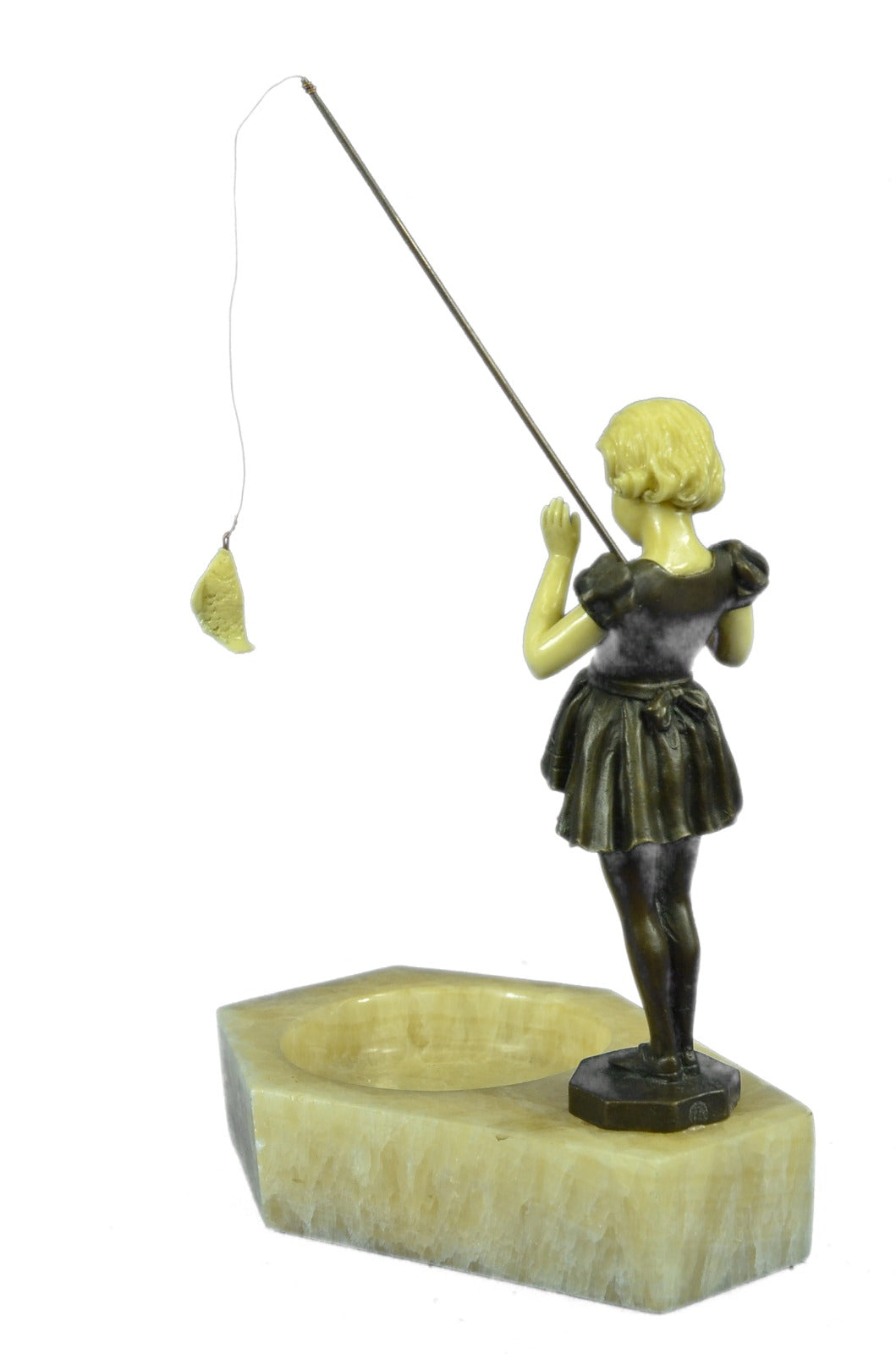 Bronze Marble Figural Ashtray Art Deco Nouveau Naughty Girl Fishing Figurine