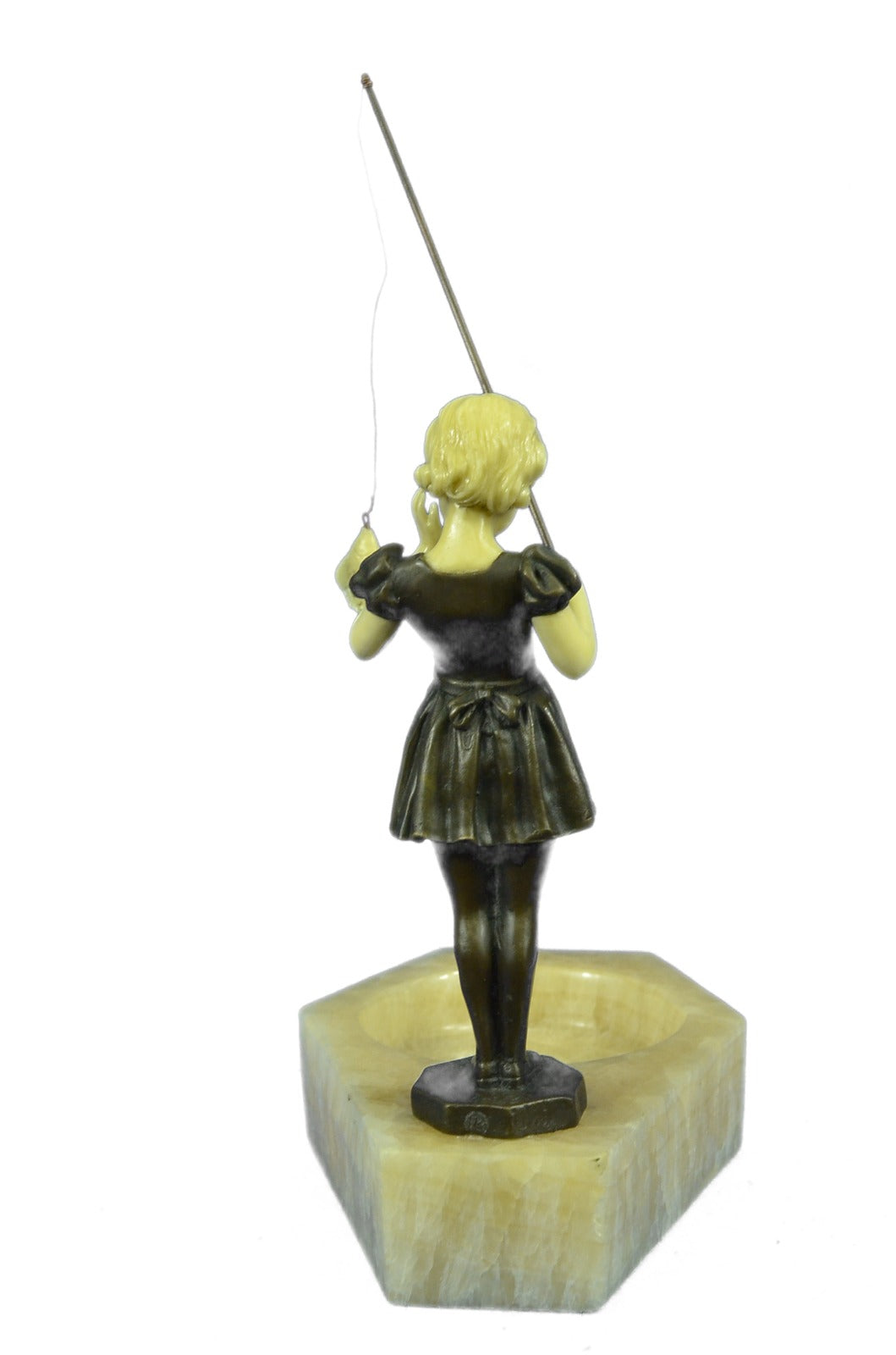 Bronze Marble Figural Ashtray Art Deco Nouveau Naughty Girl Fishing Figurine