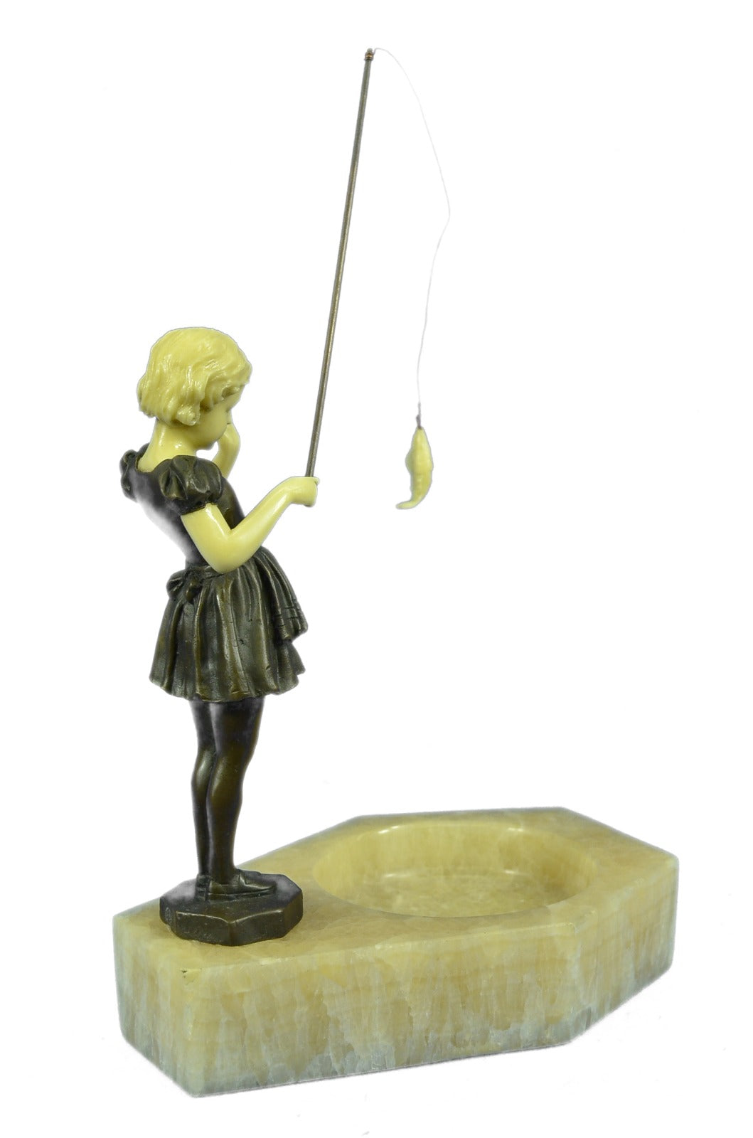 Bronze Marble Figural Ashtray Art Deco Nouveau Naughty Girl Fishing Figurine
