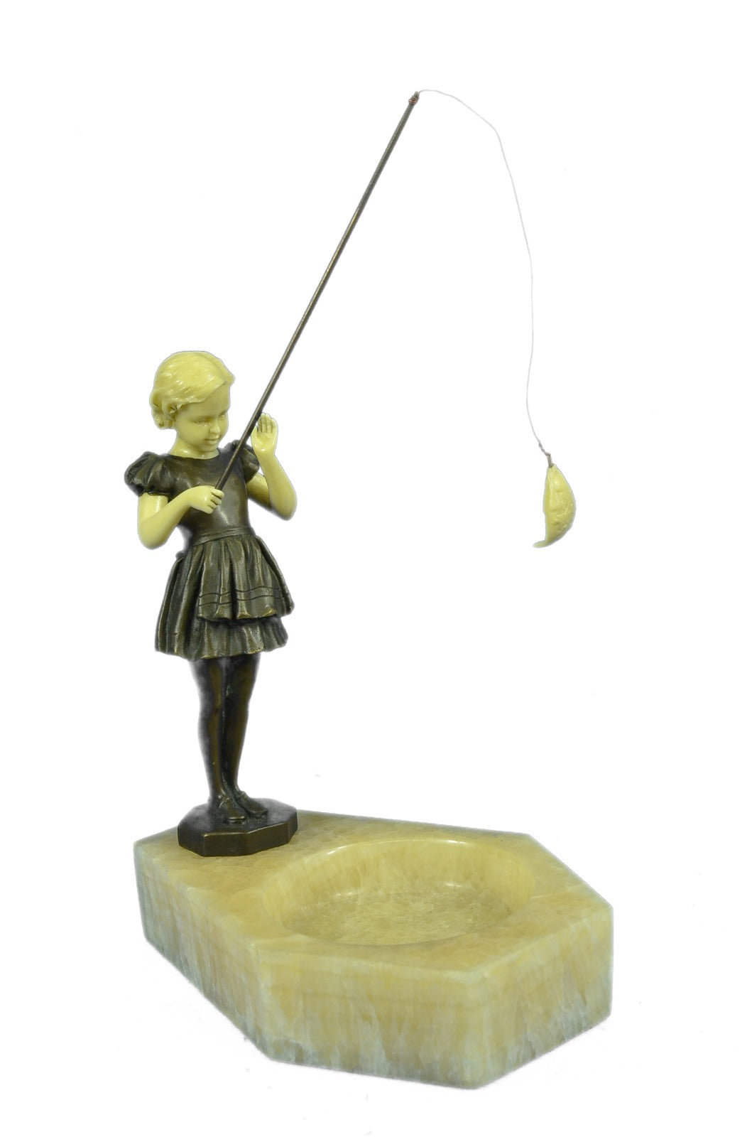 Bronze Marble Figural Ashtray Art Deco Nouveau Naughty Girl Fishing Figurine