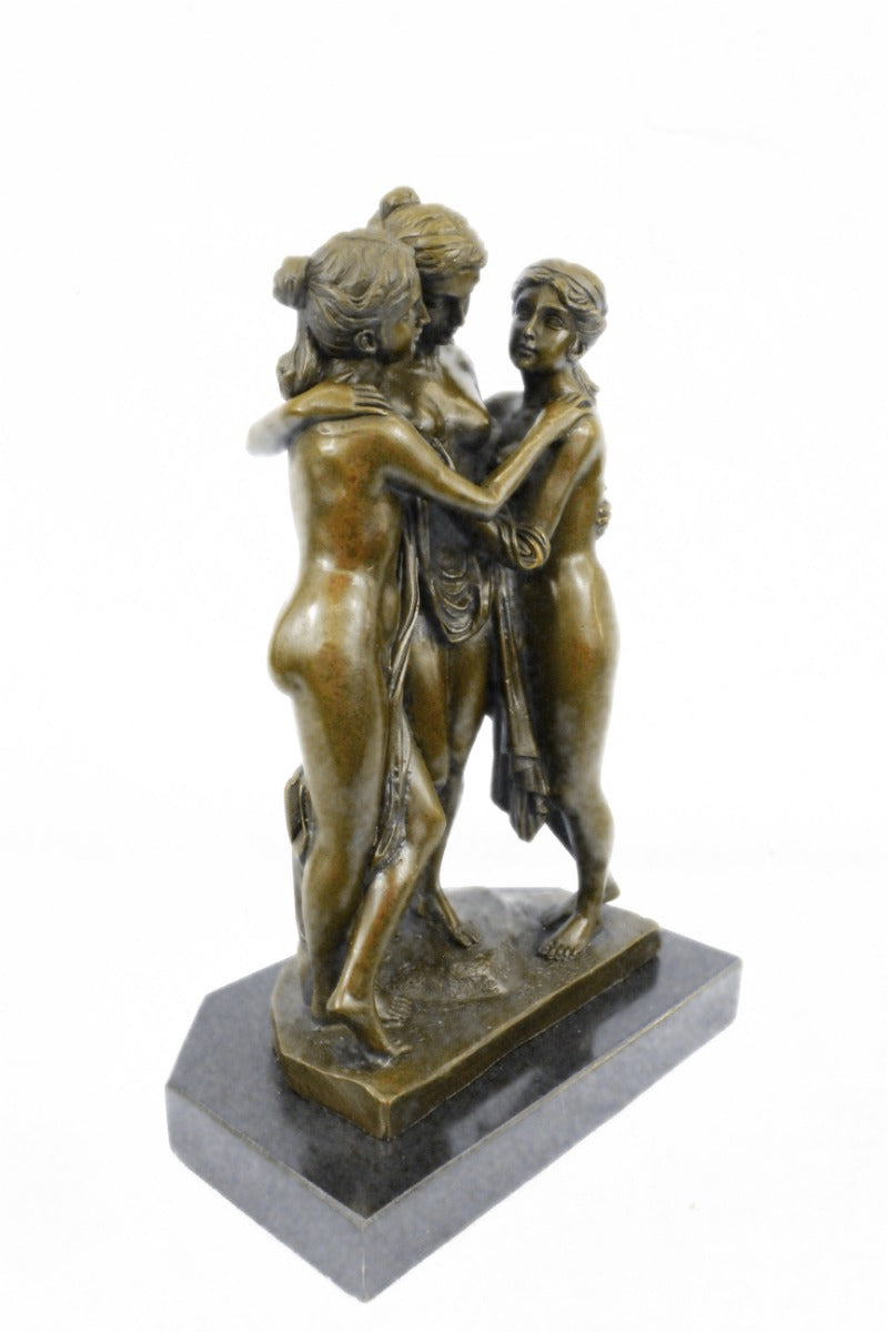 Genuine Bronze Metal Statue Marble Nude Women Lesbian Art Love Graces Sculpture