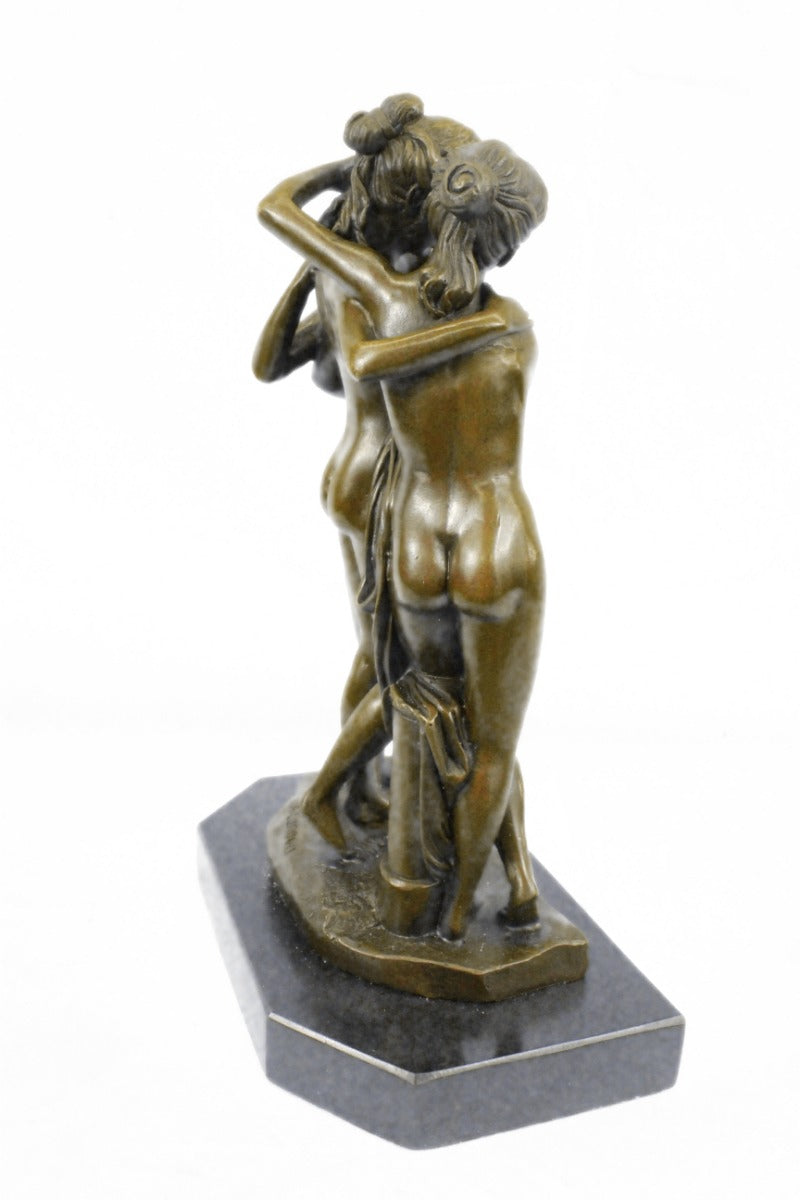 Genuine Bronze Metal Statue Marble Nude Women Lesbian Art Love Graces Sculpture