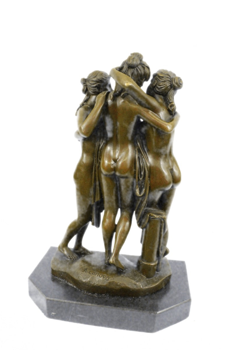 Genuine Bronze Metal Statue Marble Nude Women Lesbian Art Love Graces Sculpture