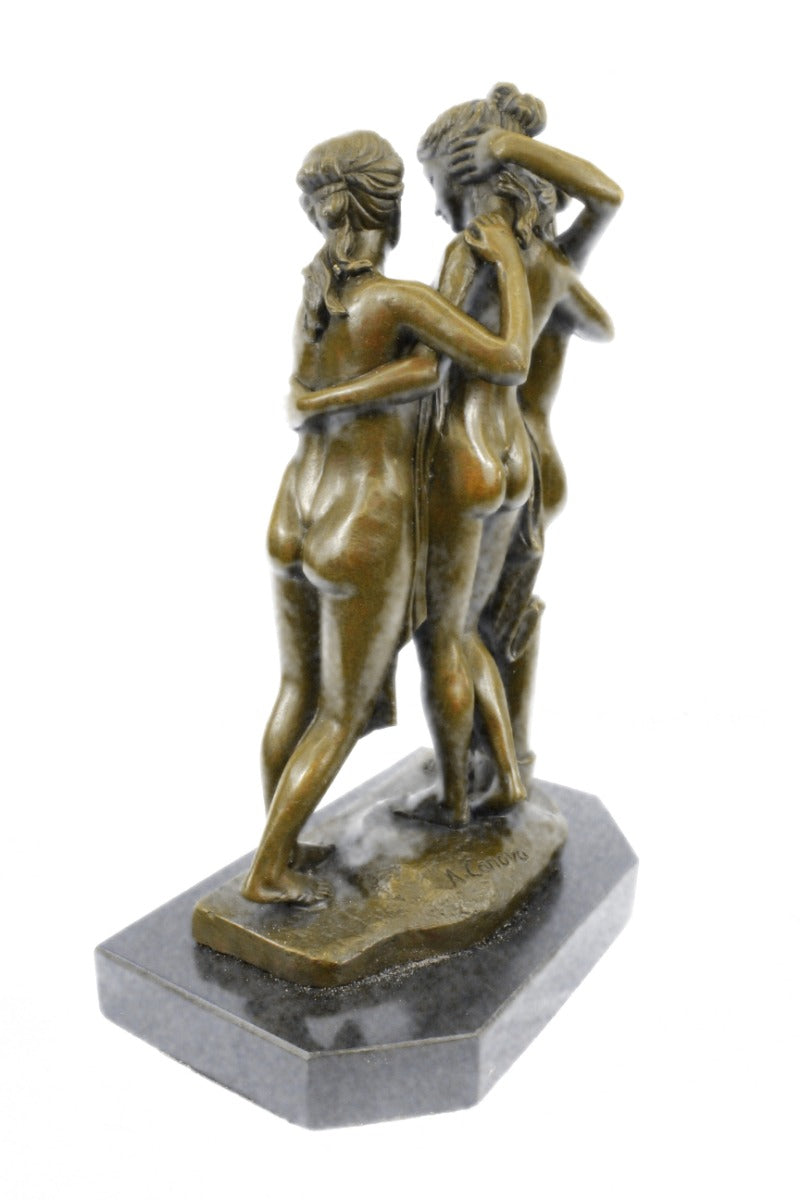 Genuine Bronze Metal Statue Marble Nude Women Lesbian Art Love Graces Sculpture