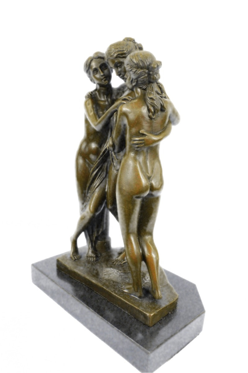 Genuine Bronze Metal Statue Marble Nude Women Lesbian Art Love Graces Sculpture