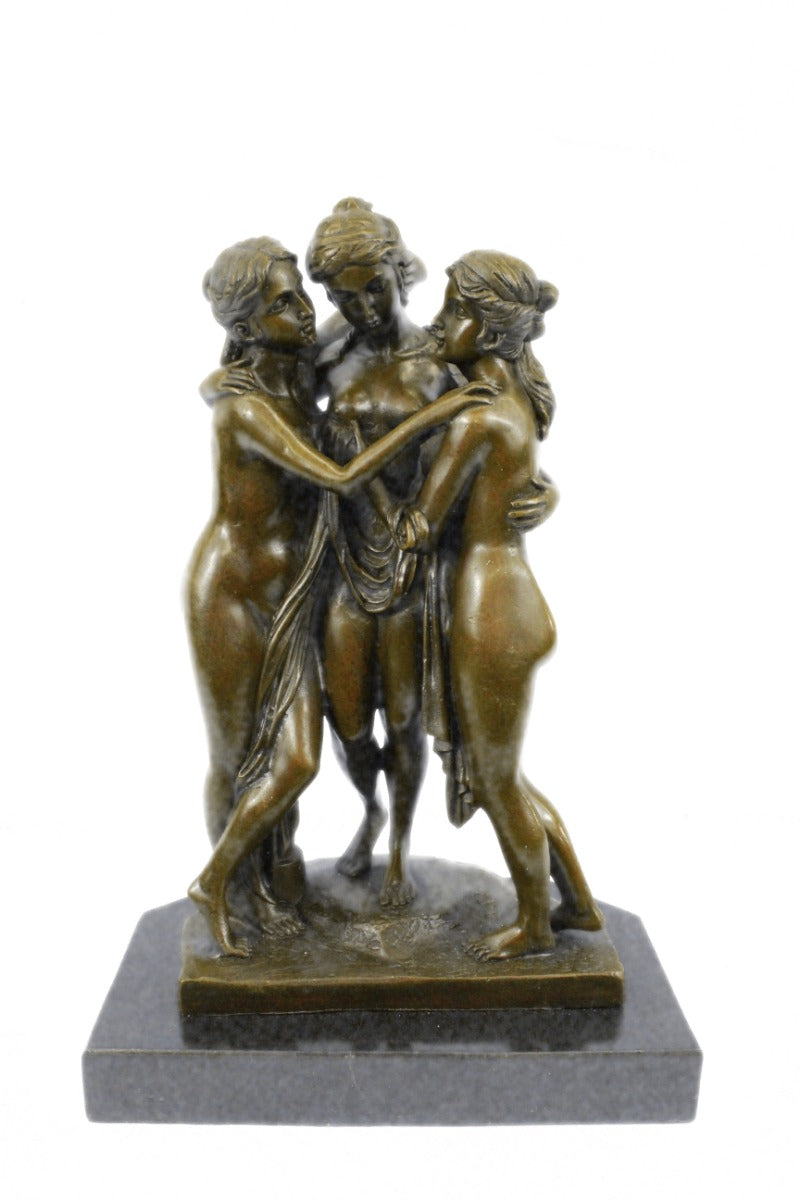 Genuine Bronze Metal Statue Marble Nude Women Lesbian Art Love Graces Sculpture