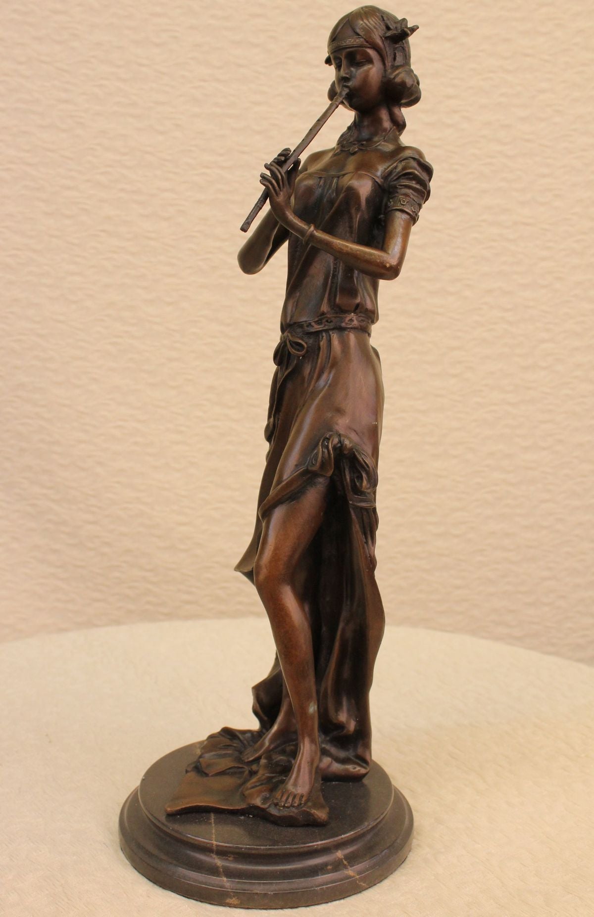 Young Girl Flute Playing Handcrafted Bronze Sculpture Statue Figurine Figure Art