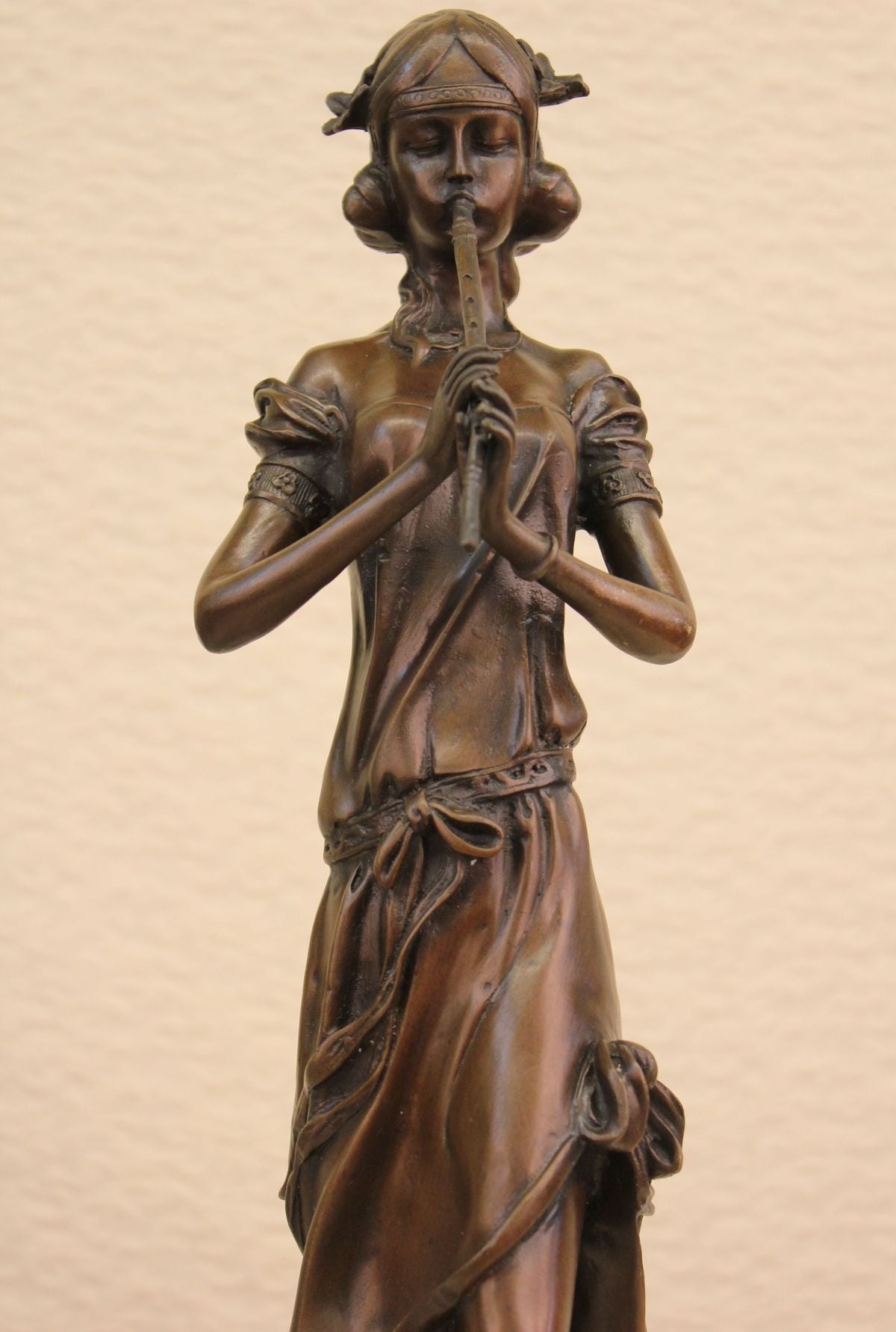 Young Girl Flute Playing Handcrafted Bronze Sculpture Statue Figurine Figure Art