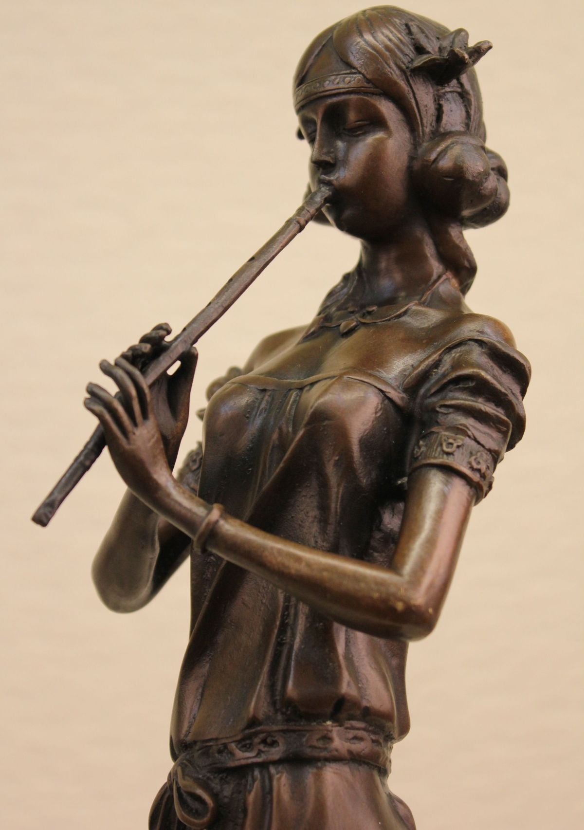 Young Girl Flute Playing Handcrafted Bronze Sculpture Statue Figurine Figure Art