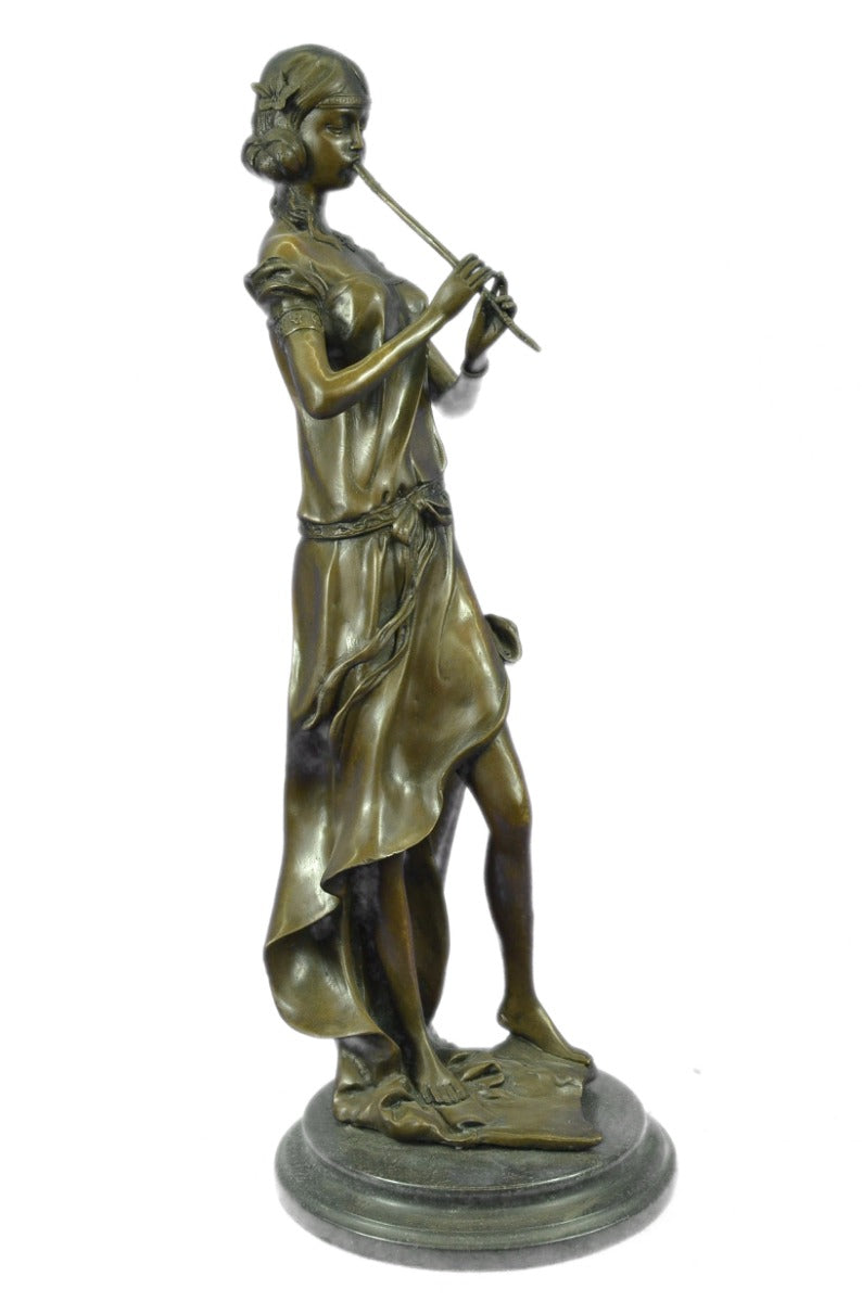 Young Girl Flute Playing Handcrafted Bronze Sculpture Statue Figurine Figure Art