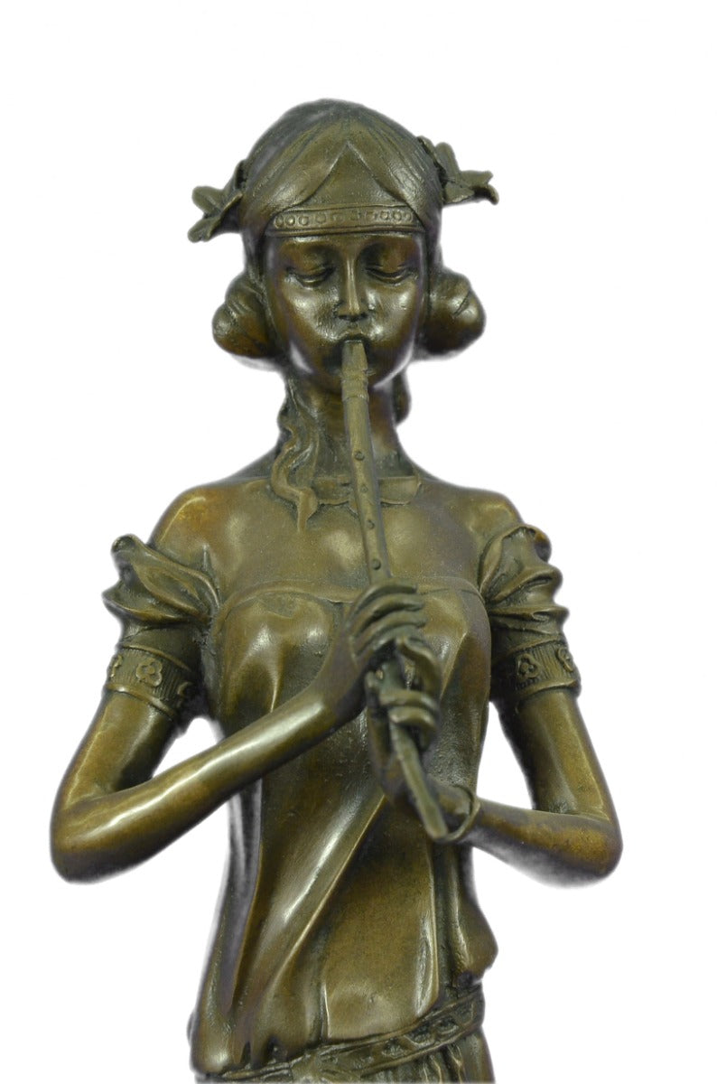Young Girl Flute Playing Handcrafted Bronze Sculpture Statue Figurine Figure Art