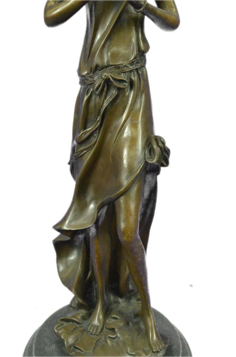 Young Girl Flute Playing Handcrafted Bronze Sculpture Statue Figurine Figure Art