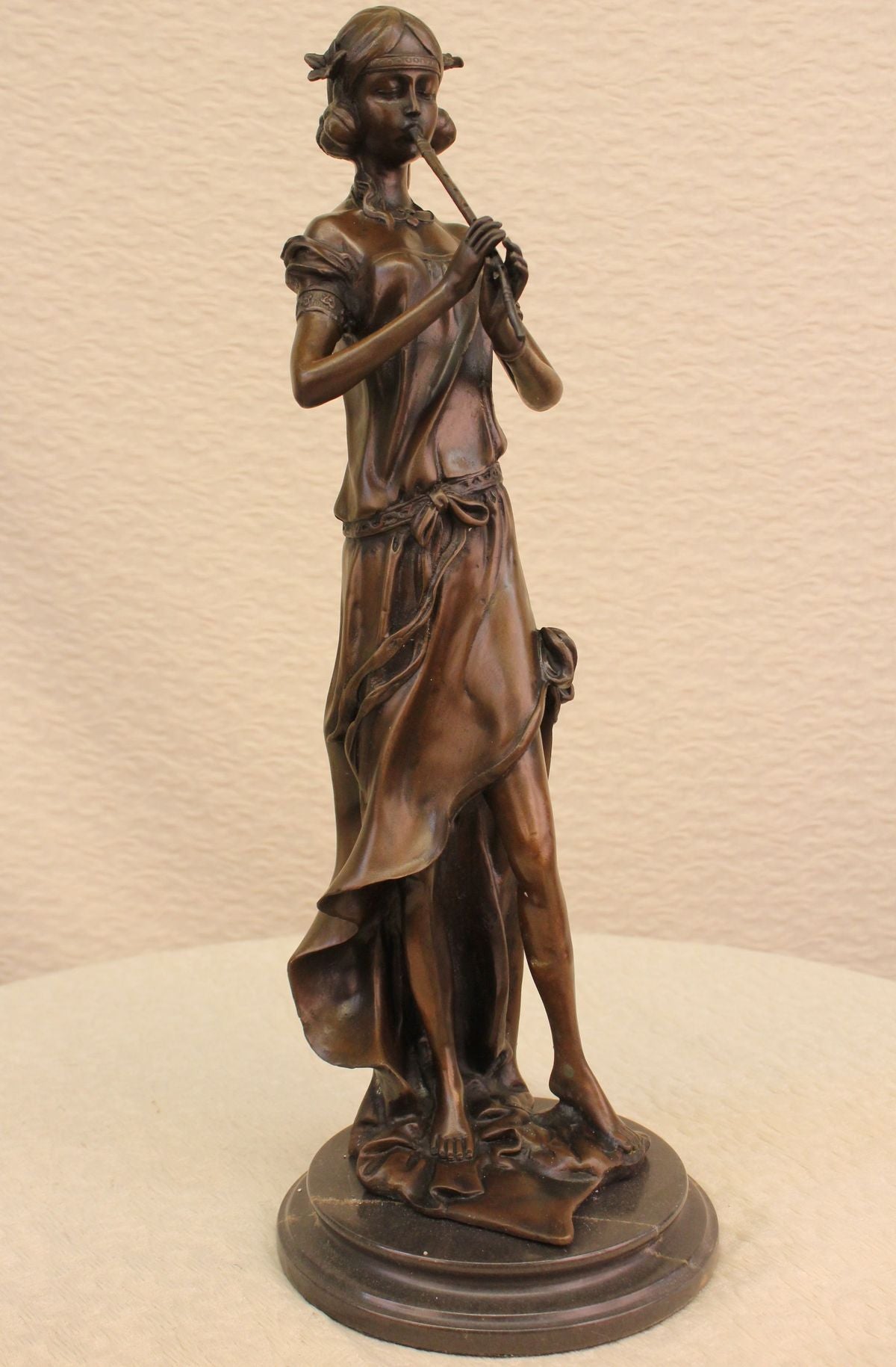 Young Girl Flute Playing Handcrafted Bronze Sculpture Statue Figurine Figure Art