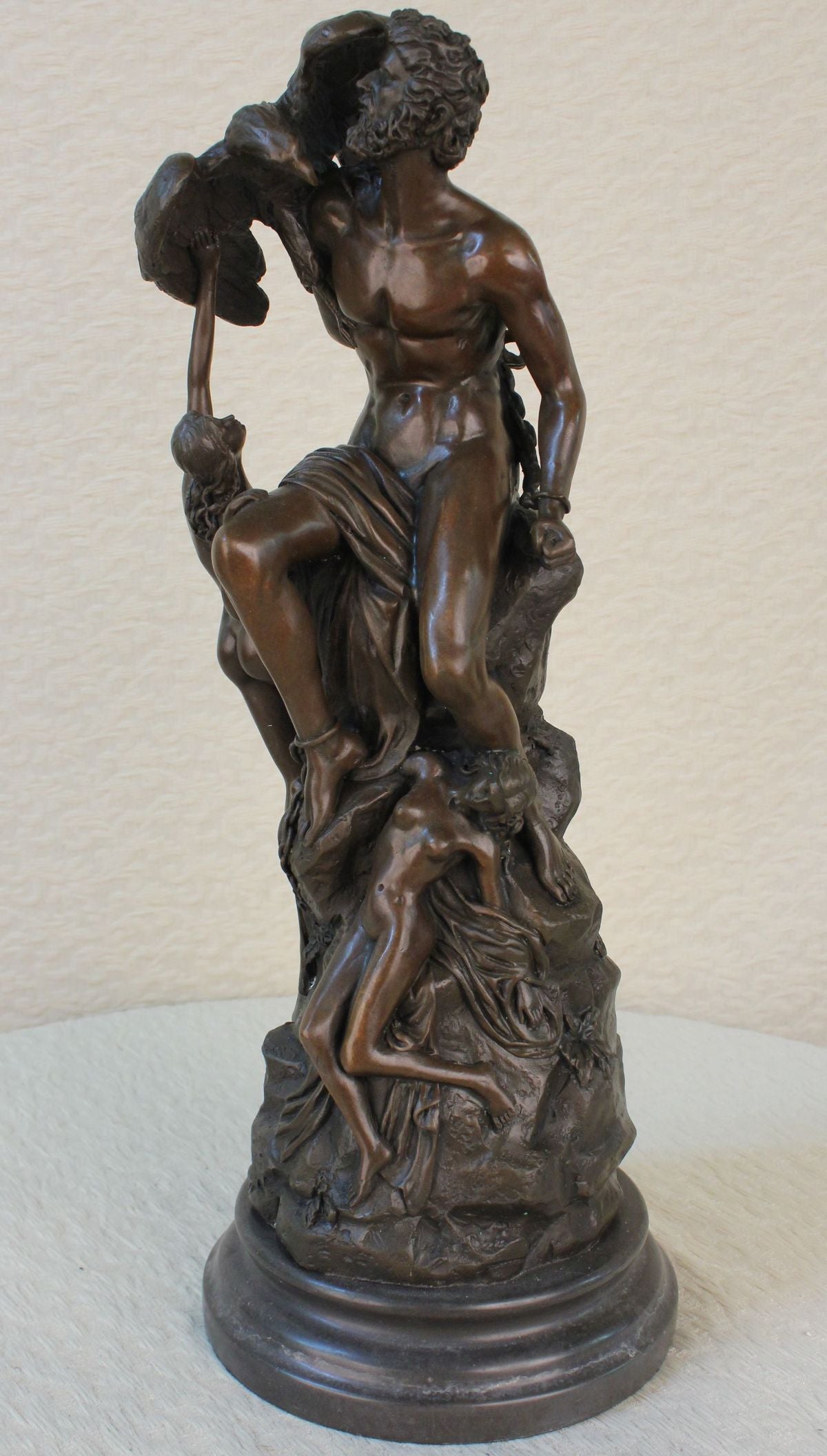 SIGNED BRONZE DETAILED SCULPTURE MYTHOLOGY PROMETHEUS STATUE ON MARBLE BASE SALE