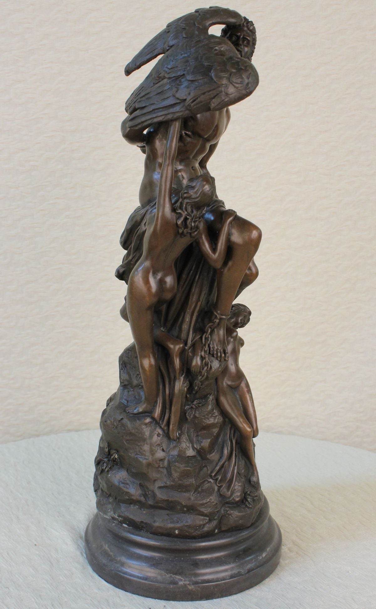 SIGNED BRONZE DETAILED SCULPTURE MYTHOLOGY PROMETHEUS STATUE ON MARBLE BASE SALE