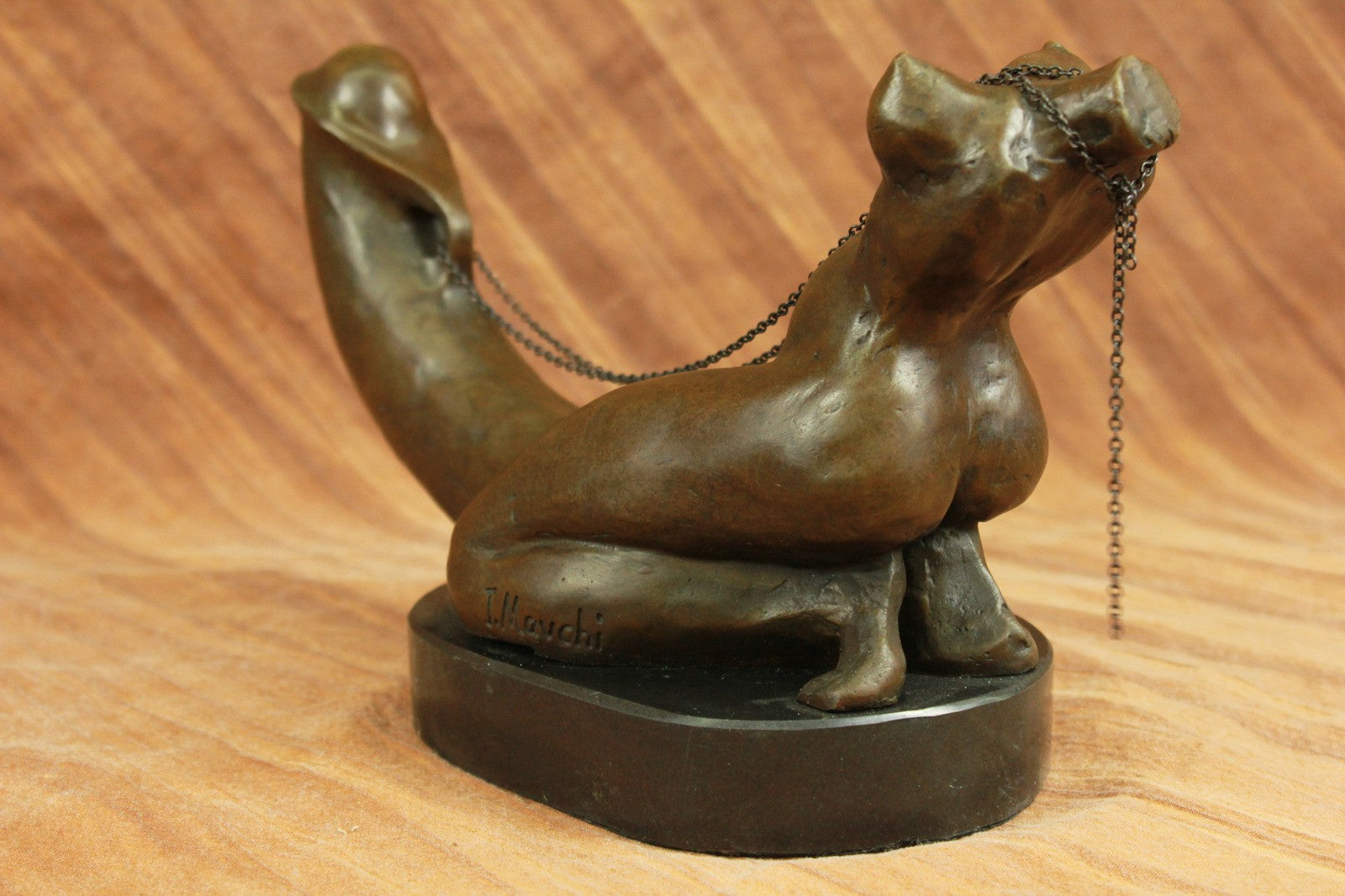 Real Mavchi Erotic Sexy Nude Girl Rides Phallus with Chain Bronze Sculpture