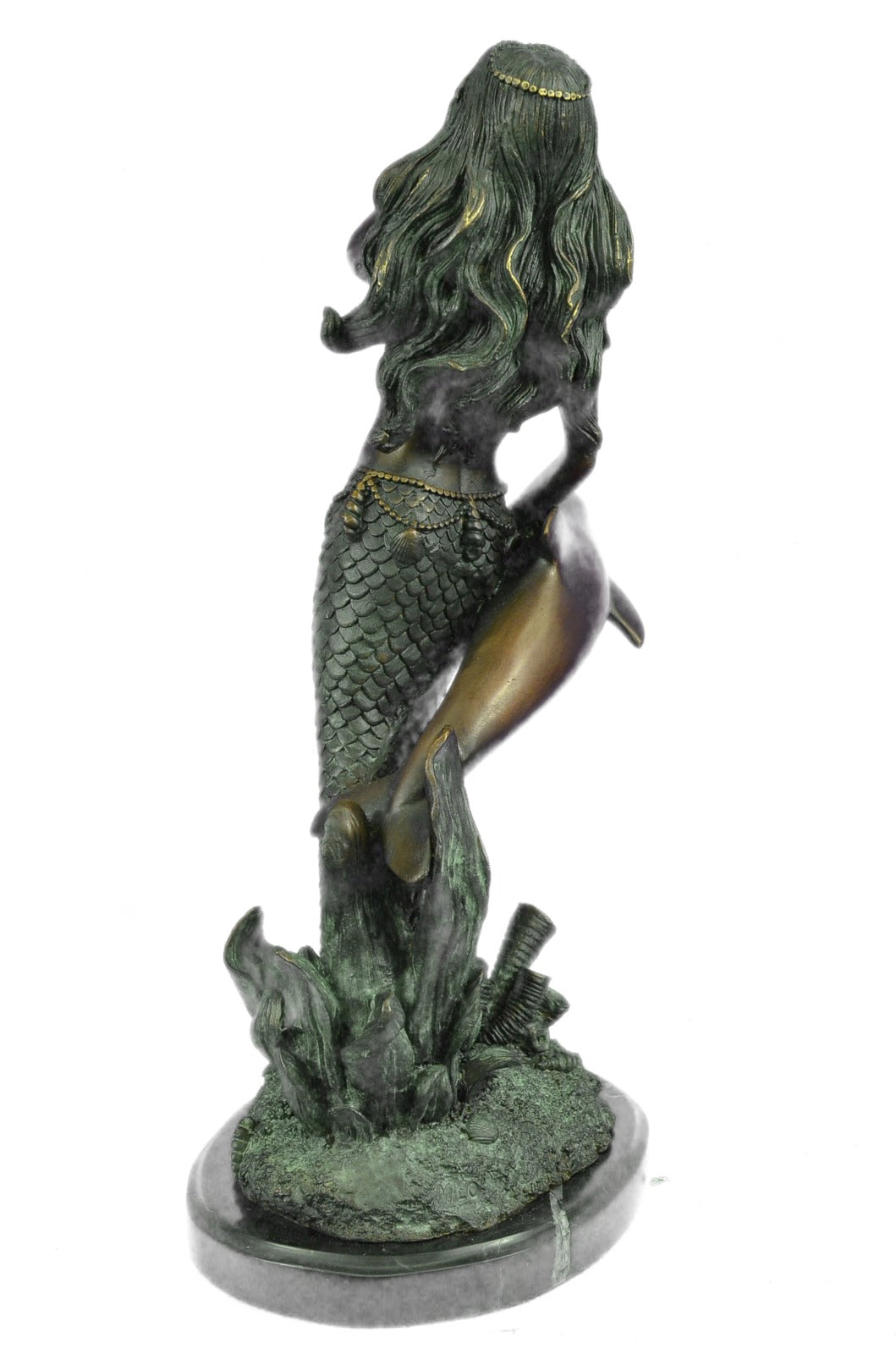 Art Deco Mythical Sculpture Ocean Water Sea Dolphin and Mermaid Bronze Figure NR