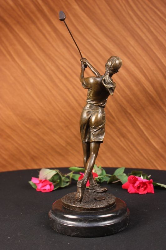Vtg Style Woman Lady LPGA Golfer Club Bag Bronze Marble Statue Tournament Trophy