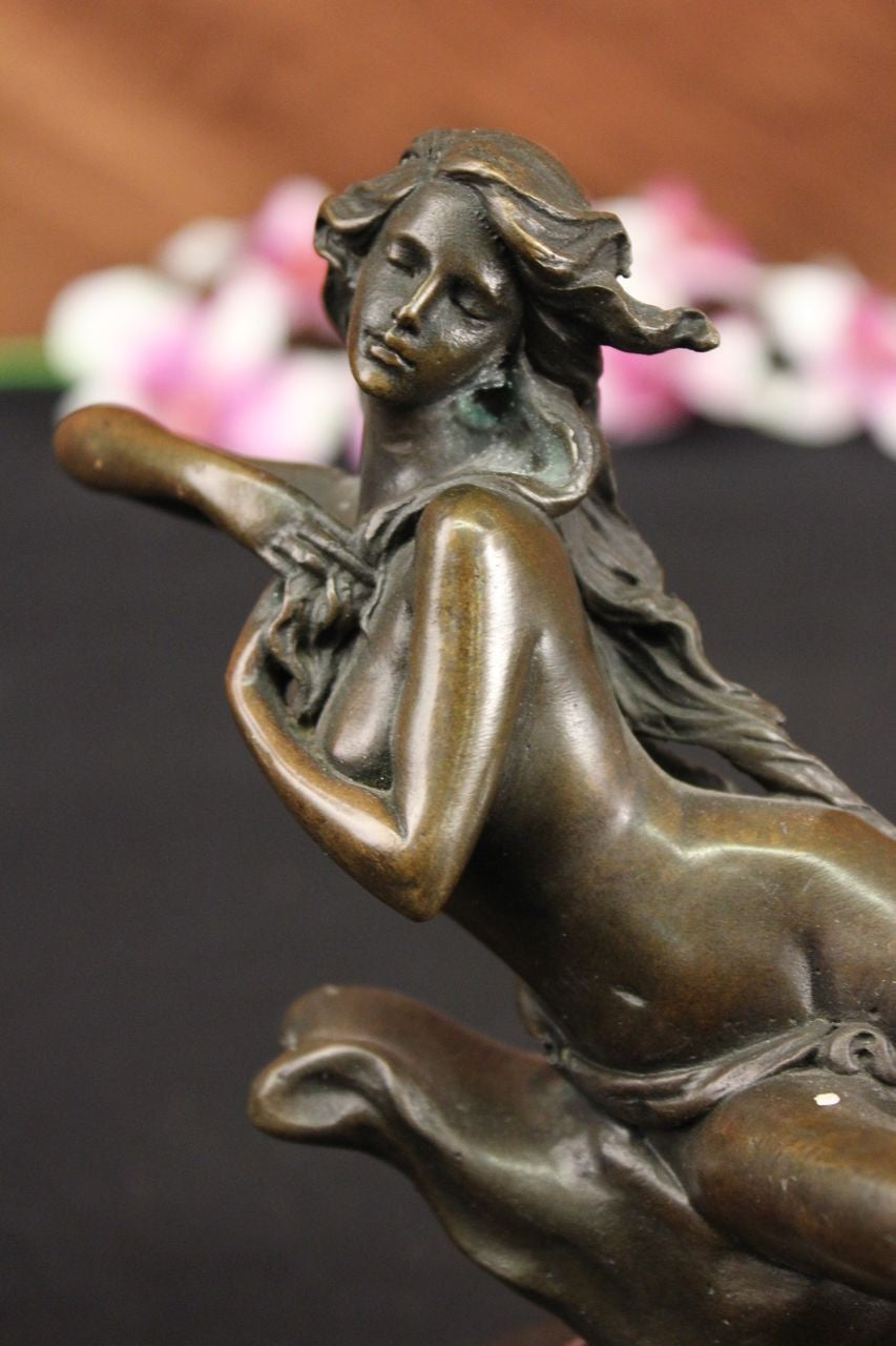 NUDE NAKED 100% BRONZE FANTASY ART NOUVEAU WINGED WOOD NYMPH SCULPTURE STATUE NR