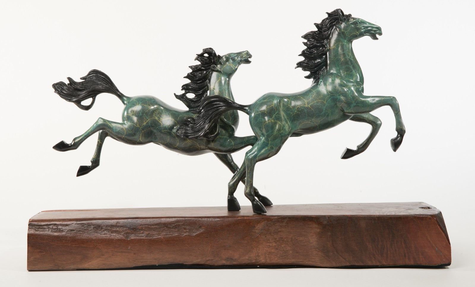 Handcrafted Detailed Huge Two Stallion Hoses Mustang Bronze Sculpture Wood Base