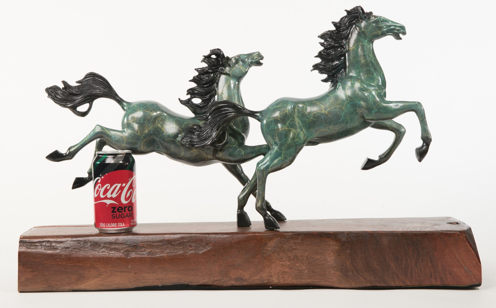 Handcrafted Detailed Huge Two Stallion Hoses Mustang Bronze Sculpture Wood Base
