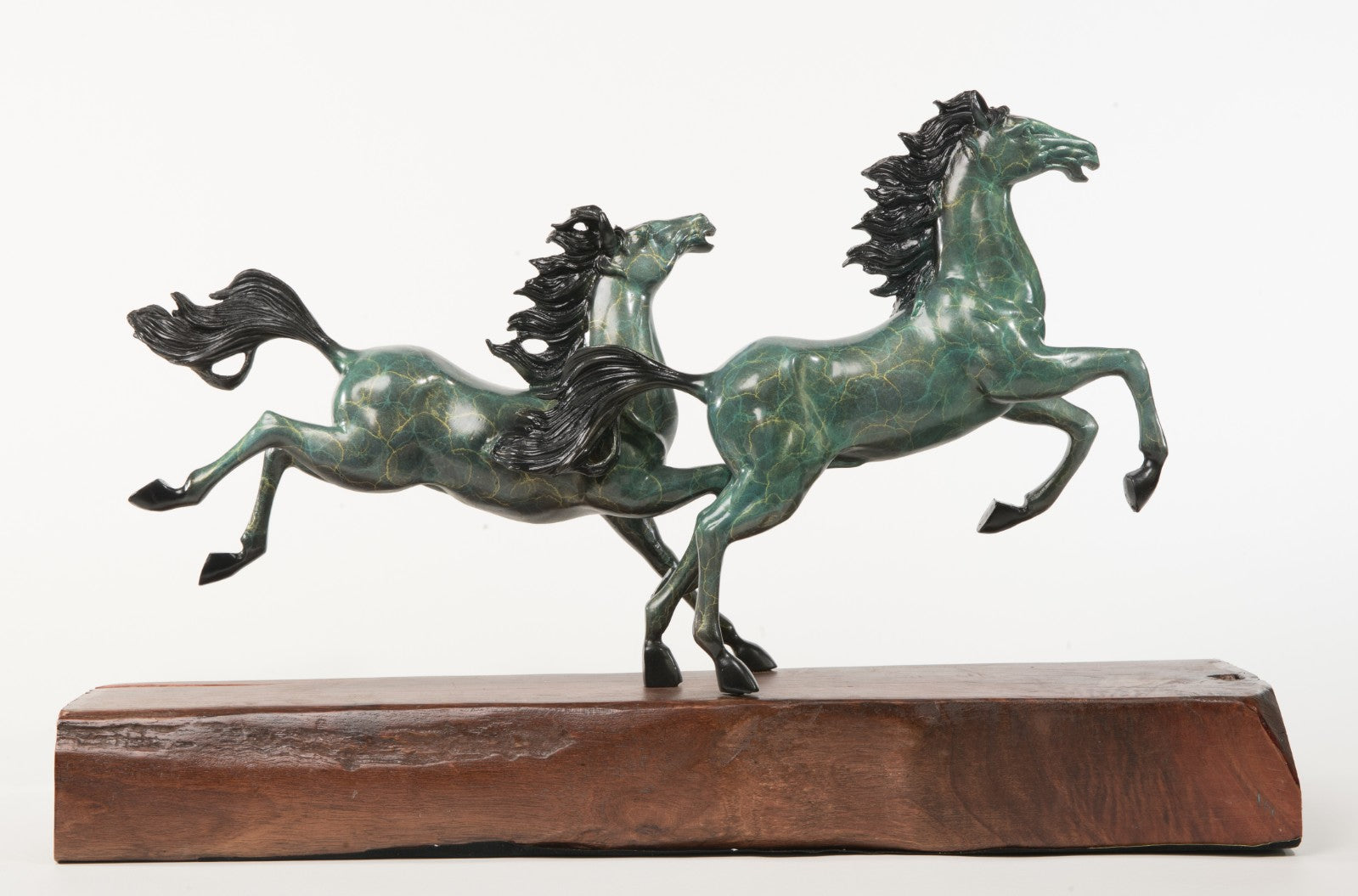 Handcrafted Detailed Huge Two Stallion Hoses Mustang Bronze Sculpture Wood Base