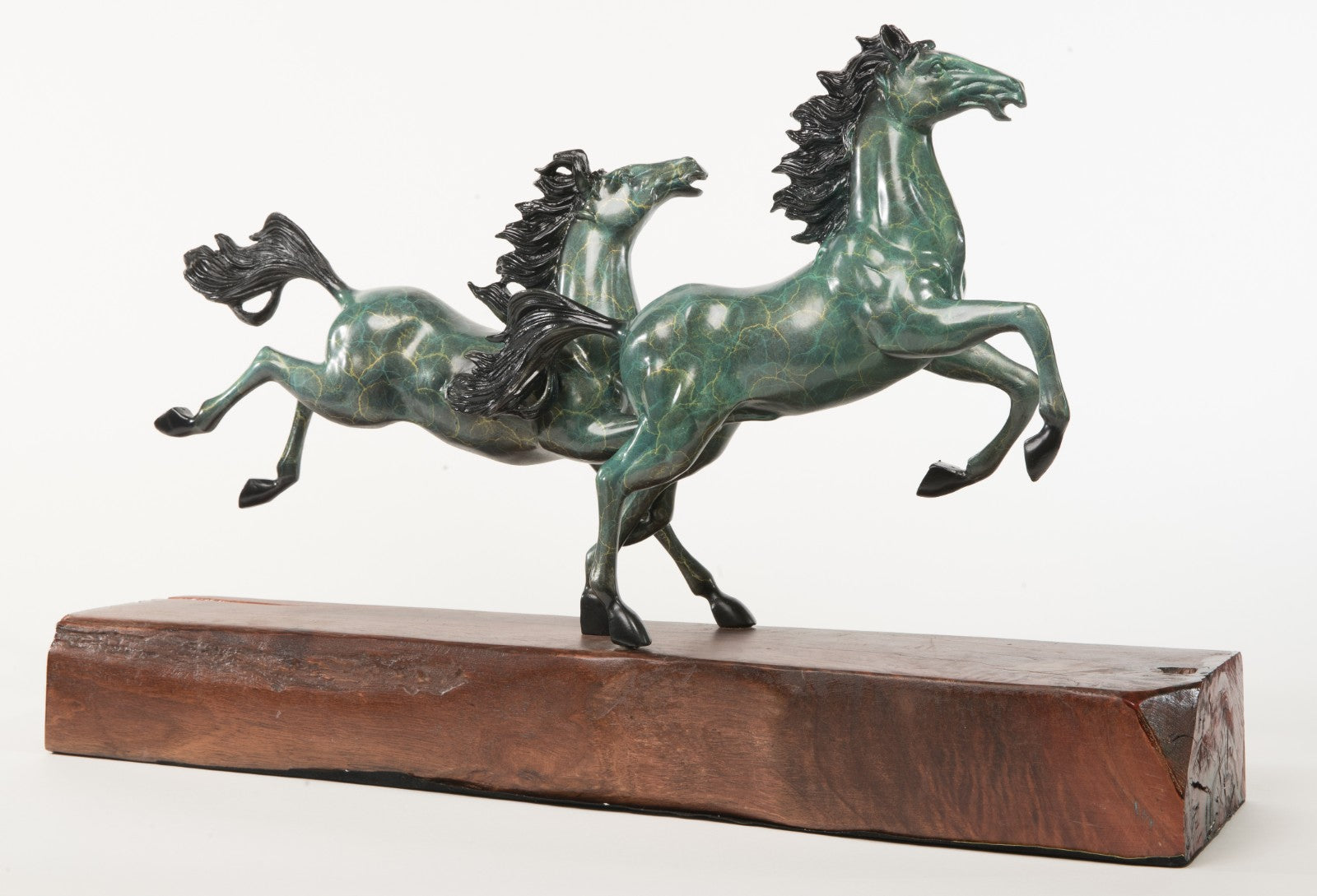 Handcrafted Detailed Huge Two Stallion Hoses Mustang Bronze Sculpture Wood Base