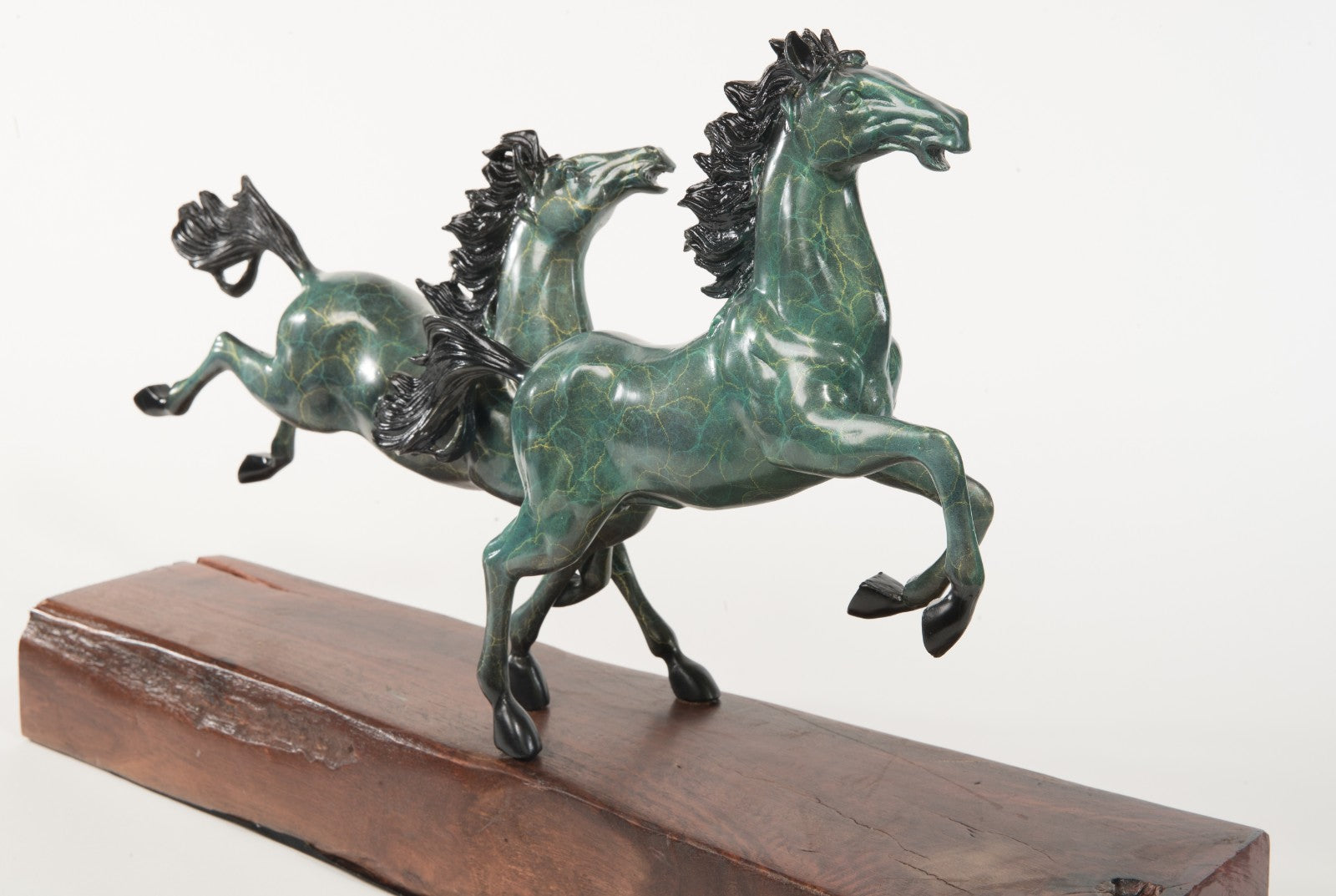 Handcrafted Detailed Huge Two Stallion Hoses Mustang Bronze Sculpture Wood Base