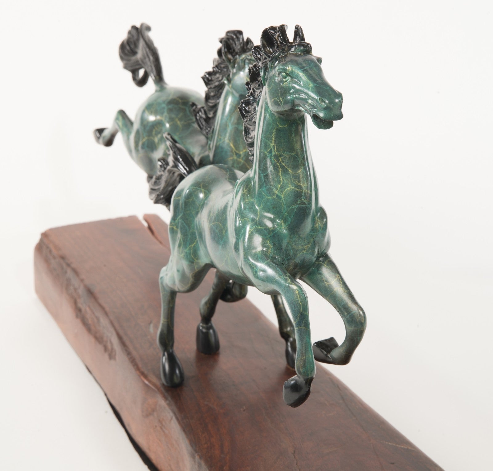 Handcrafted Detailed Huge Two Stallion Hoses Mustang Bronze Sculpture Wood Base