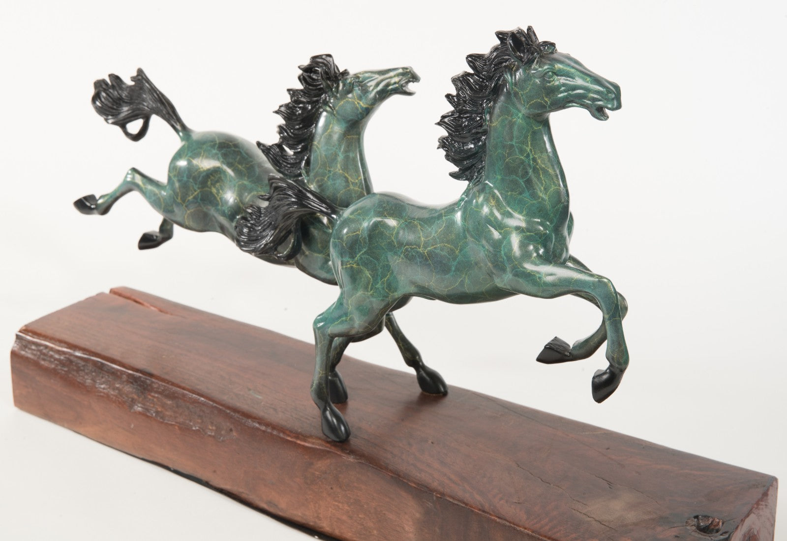 Handcrafted Detailed Huge Two Stallion Hoses Mustang Bronze Sculpture Wood Base