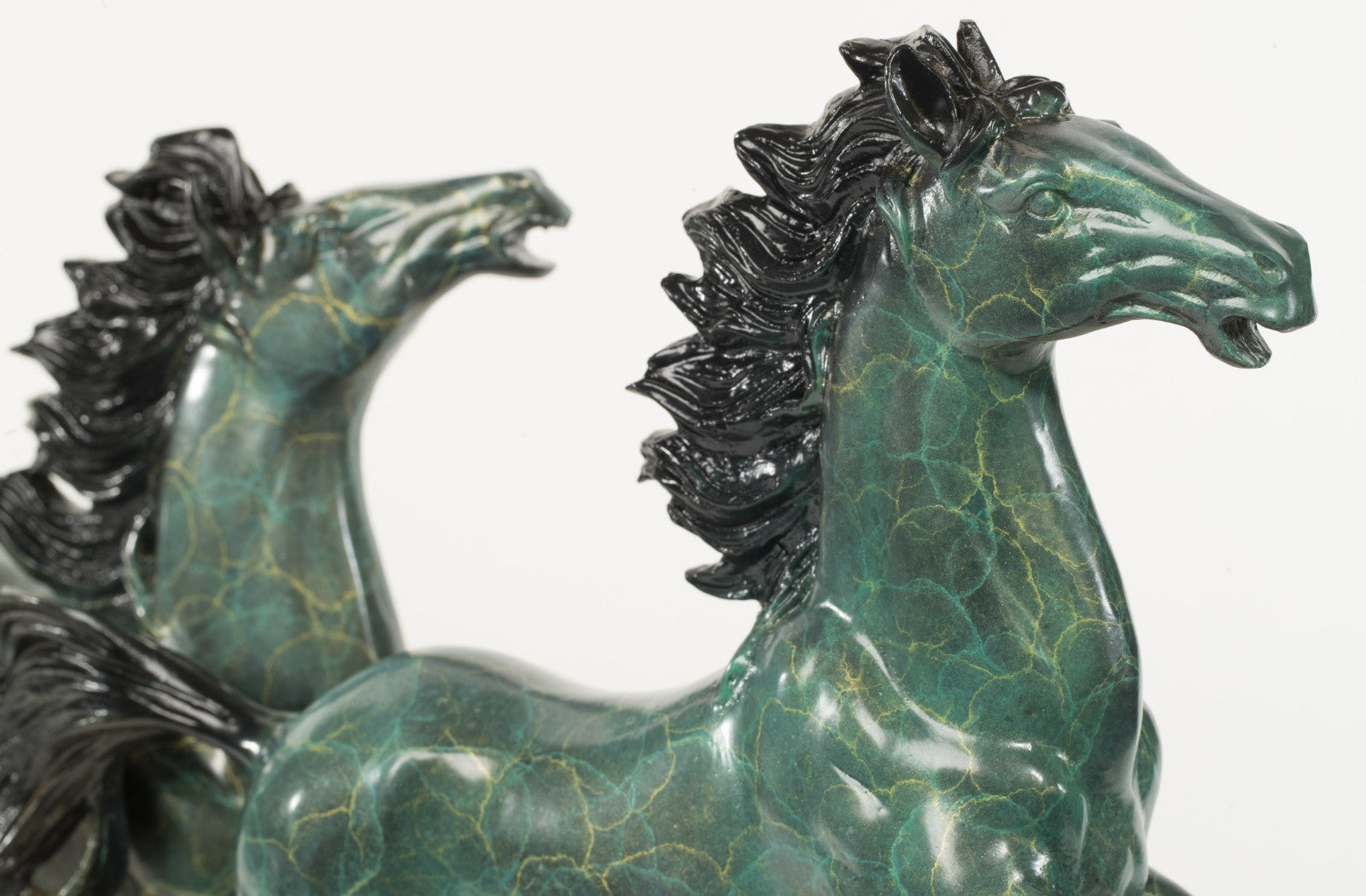 Handcrafted Detailed Huge Two Stallion Hoses Mustang Bronze Sculpture Wood Base