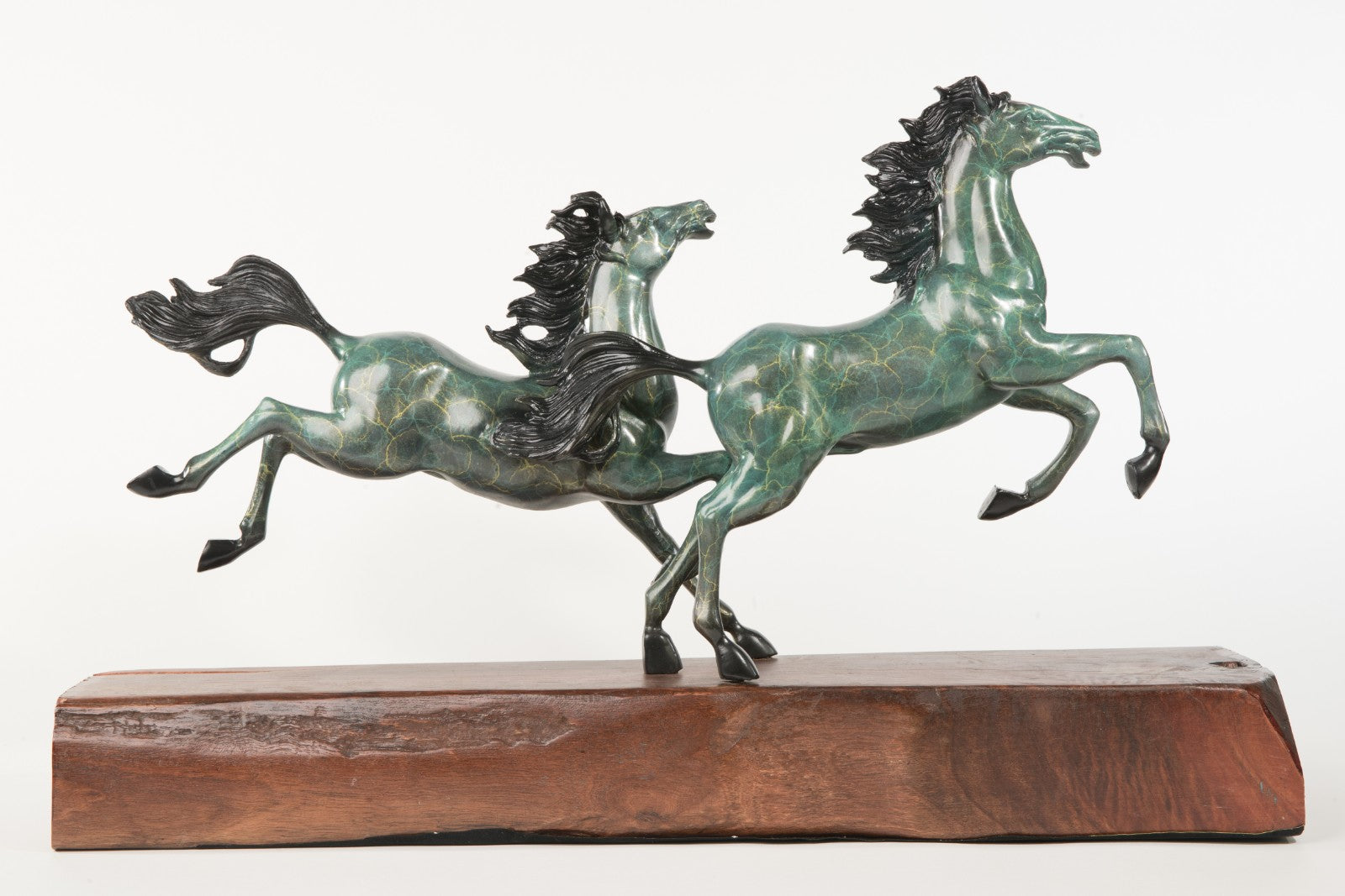 Handcrafted Detailed Huge Two Stallion Hoses Mustang Bronze Sculpture Wood Base