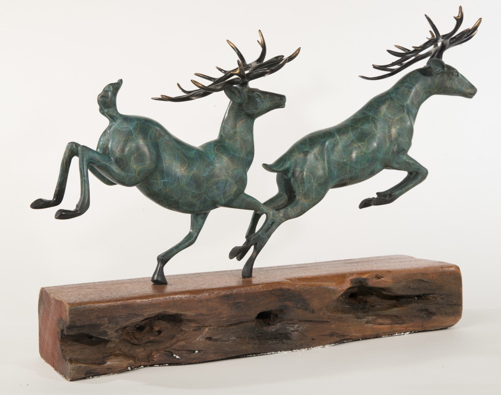 AWESOME BRONZE RUNNING ELKS SCULPTURE HOT CAST COLLECTOR Wood BASE FIGURINE SALE GIFT