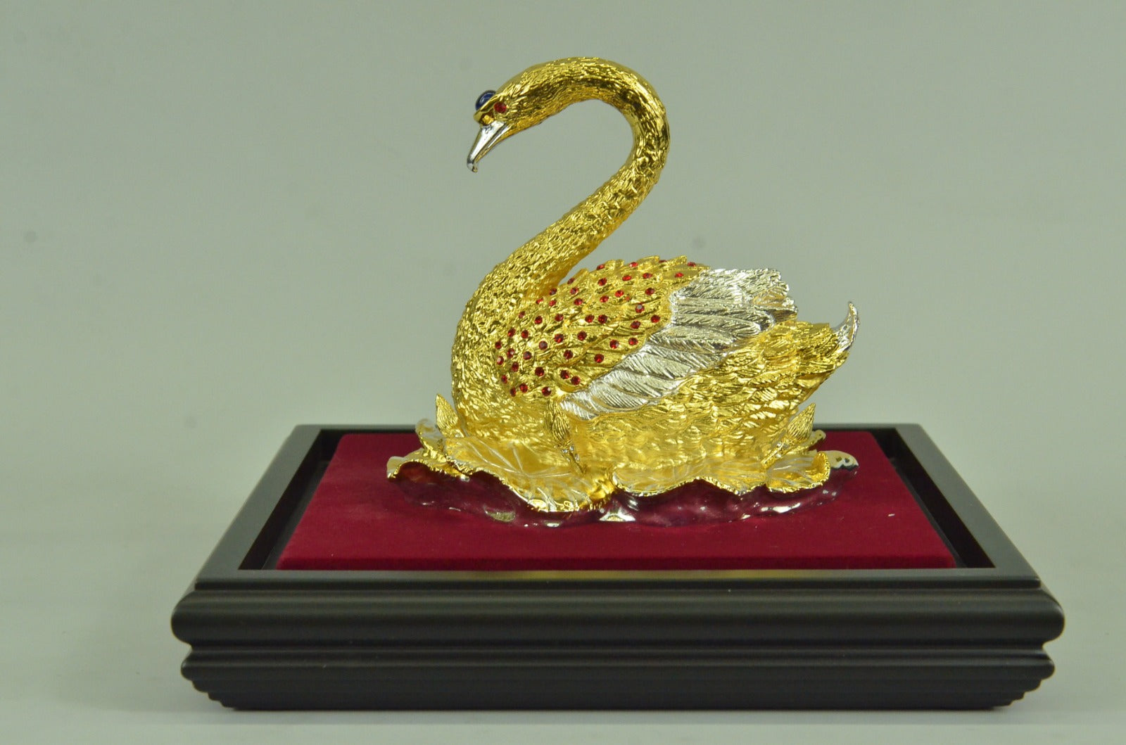 Handcrafted 24K Gold and Silver Covered Bronze Swan in Glass Display