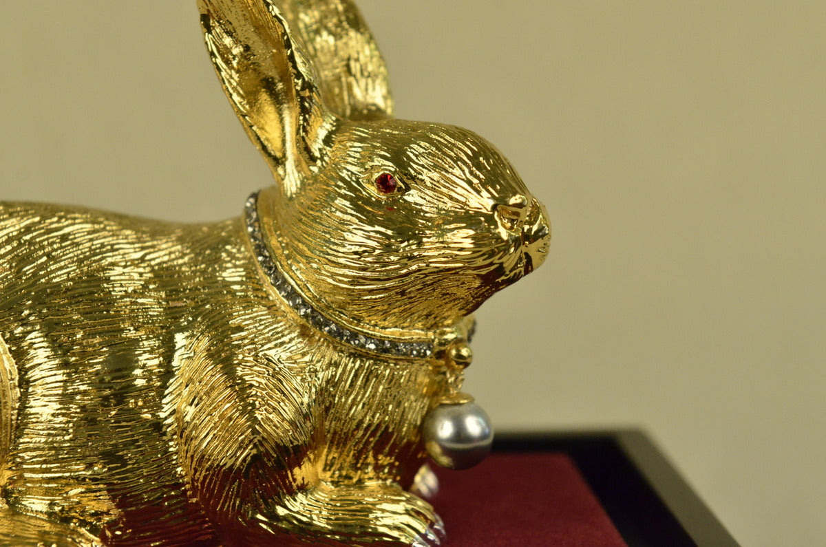 Handcrafted bronze sculpture SALE Rabbit Easter The Display Glass Gilt Gold 24K