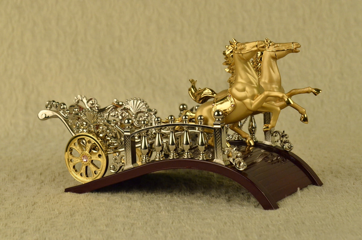 24K Real Gold Plated Chariots Horses Wine Holder Bronze Sculpture Figurine Decor