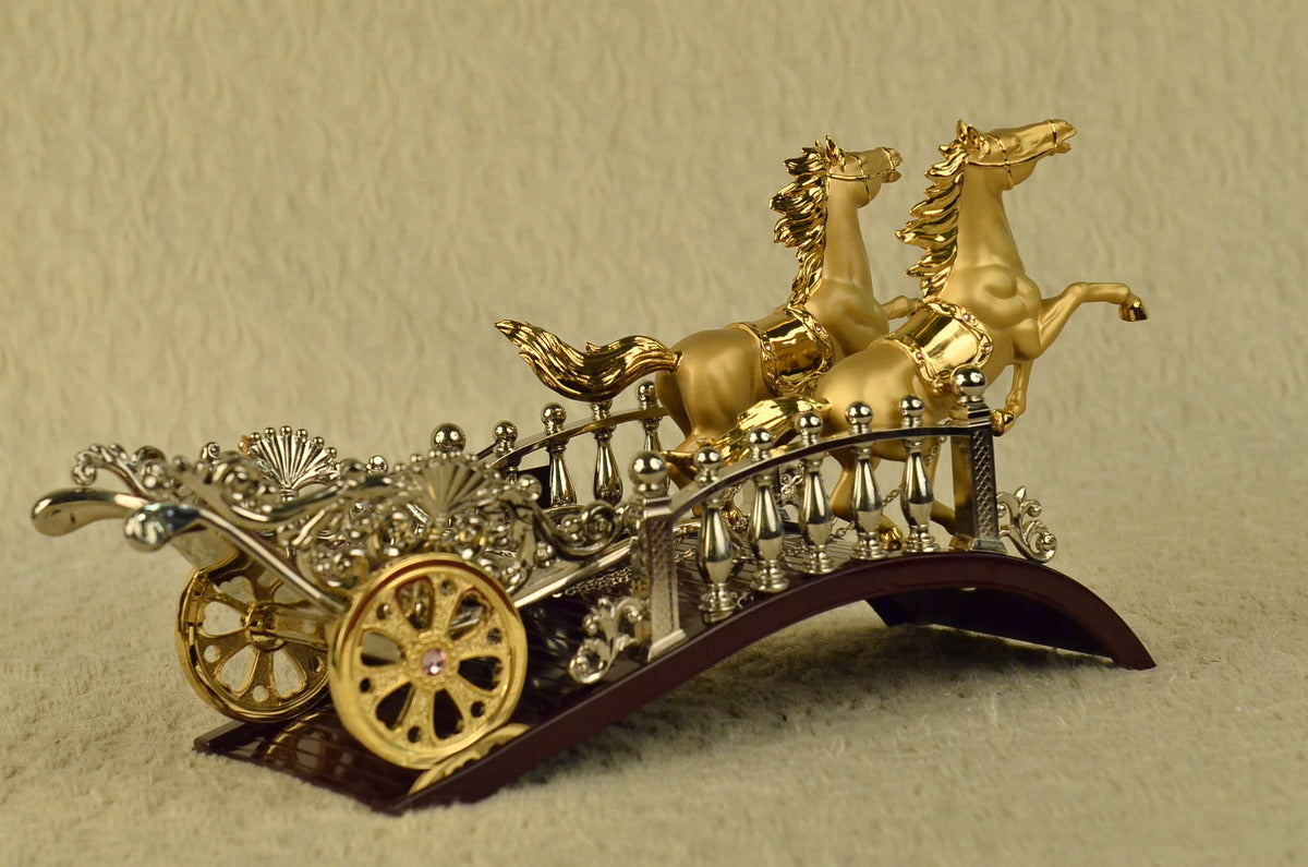 24K Real Gold Plated Chariots Horses Wine Holder Bronze Sculpture Figurine Decor